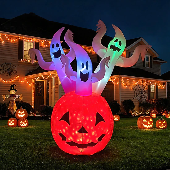 SUGIFT 6-ft Inflatable Ghost Pumpkin Halloween Decoration with Colorful ...