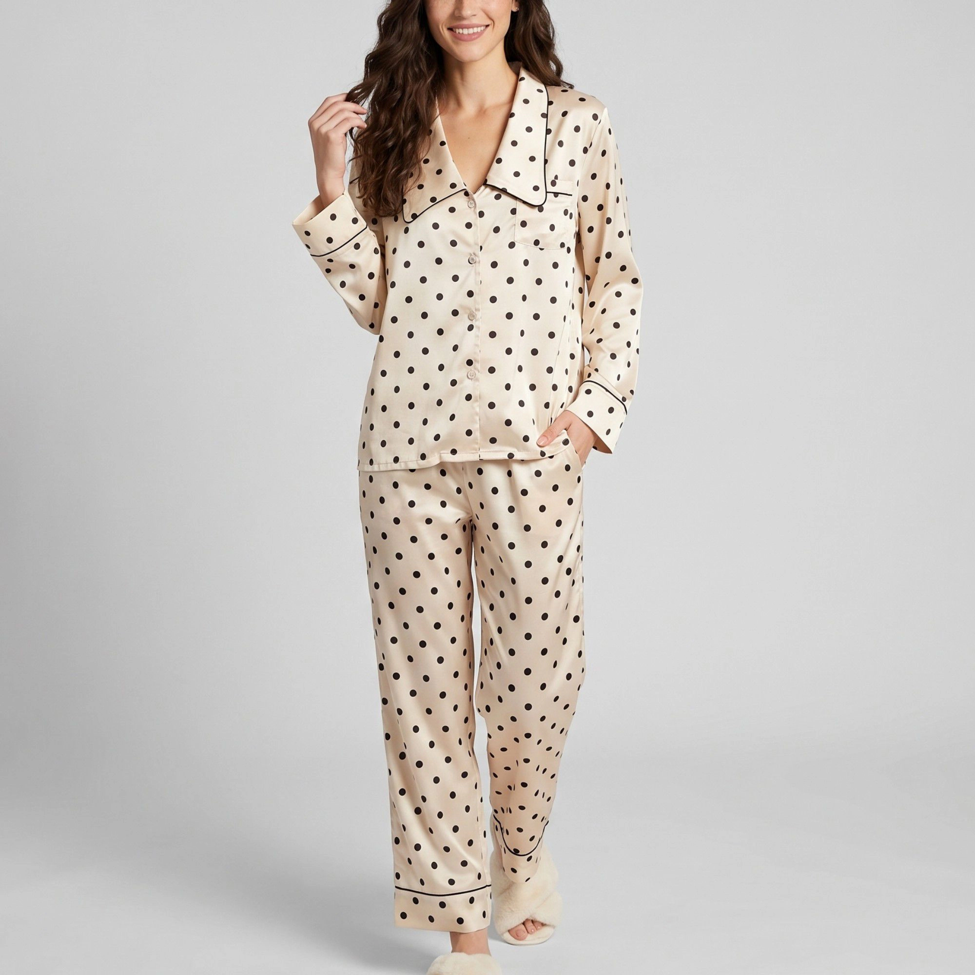 Anna-Kaci Women's 2-Piece Polka Dot Pajama Set with Button Front Top and Wide Leg Pants