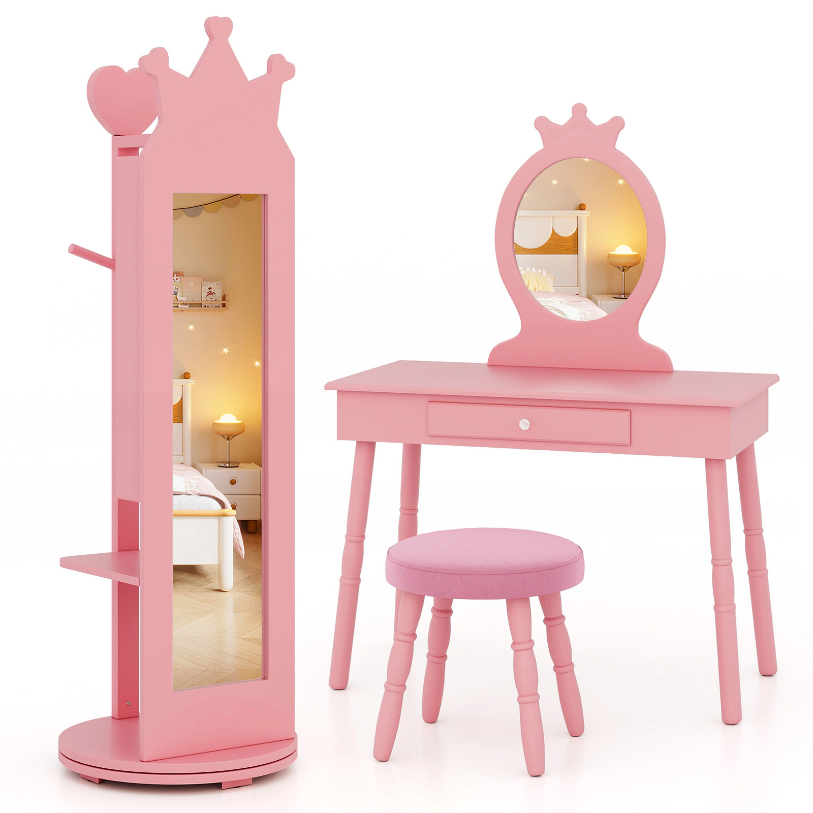 SUGIFT Pink Full Length Mirror Clothes Rack and Shelves Free-Standing Kids Jewelry Armoire