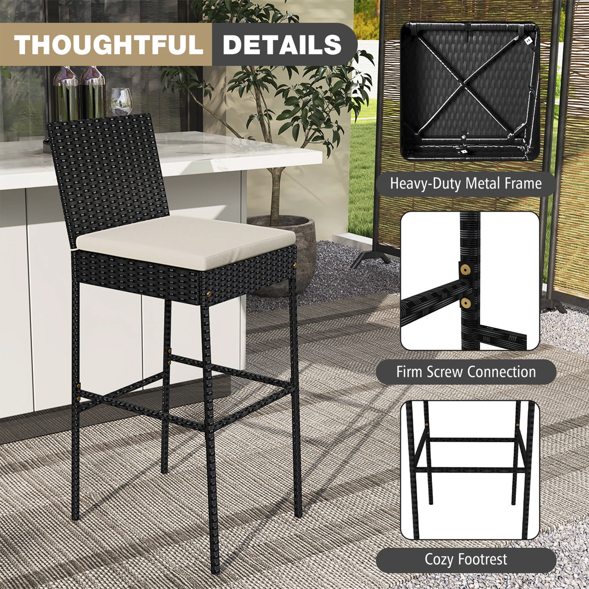 SUGIFT Set of 4 Black Outdoor Bar Stools, 30-Inch Seat, PE Rattan, Cushions