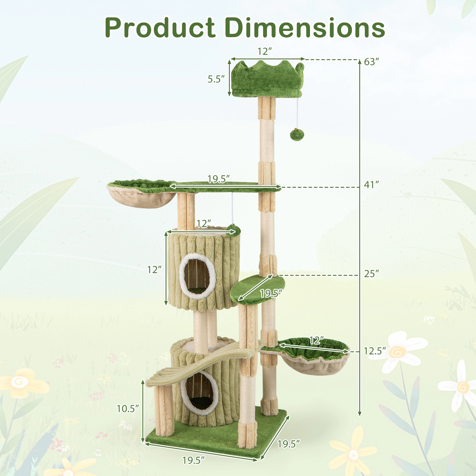 Glintex 63-Inch Striped Cat Tower with 2 Condos 2 Hammocks and Crown Perch, Green