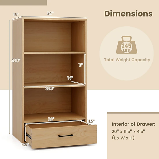 Costway 42'' Tall 4-tier Storage Shelf Wood Bookcase with Drawer Home Organizer Display Rack Black