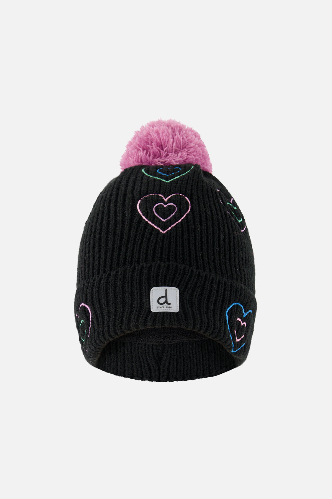 Deux par Girls Embroidered Hearts Winter Knit Hat with Pompom