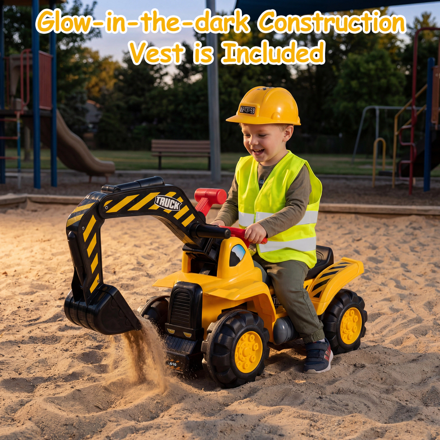 LJG Kids 3-in-1 Ride on Excavator Bulldozer Detachable with Engine Sound and Helmet