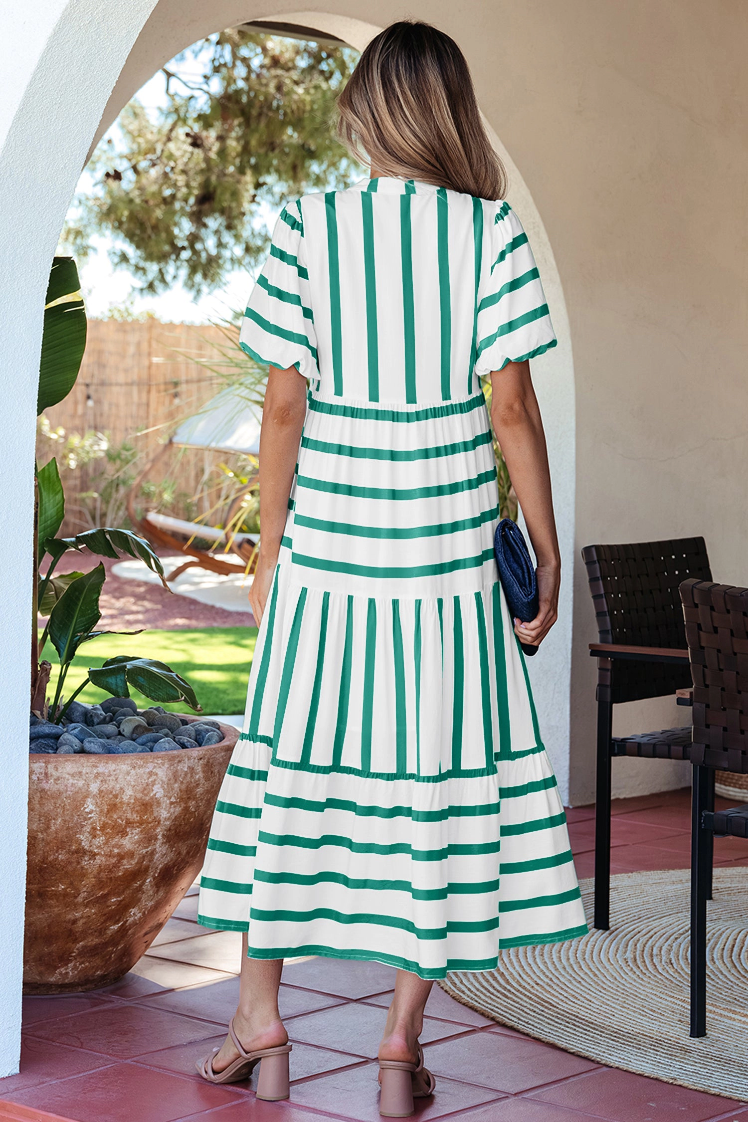 Threaded Pear Womens Luna Half Sleeve Vacation Dress - Green Stripe