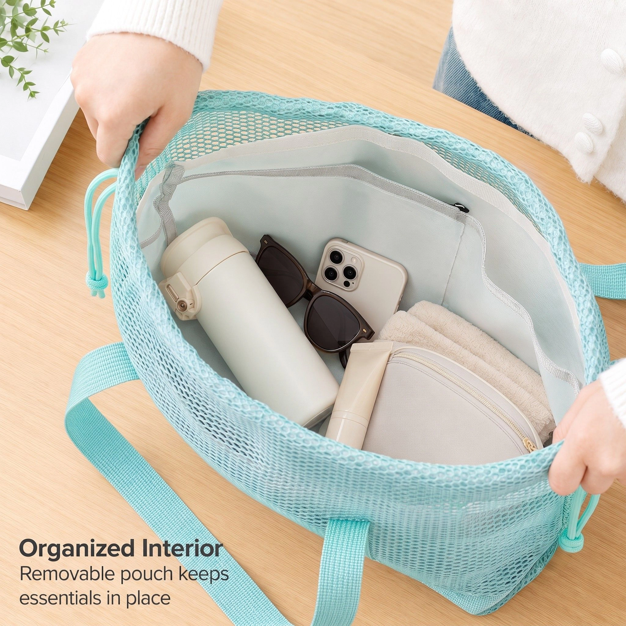 Alilang Women's Mesh Drawstring Tote Bag with Carry Handles and Organizer Pouch, Mint Green