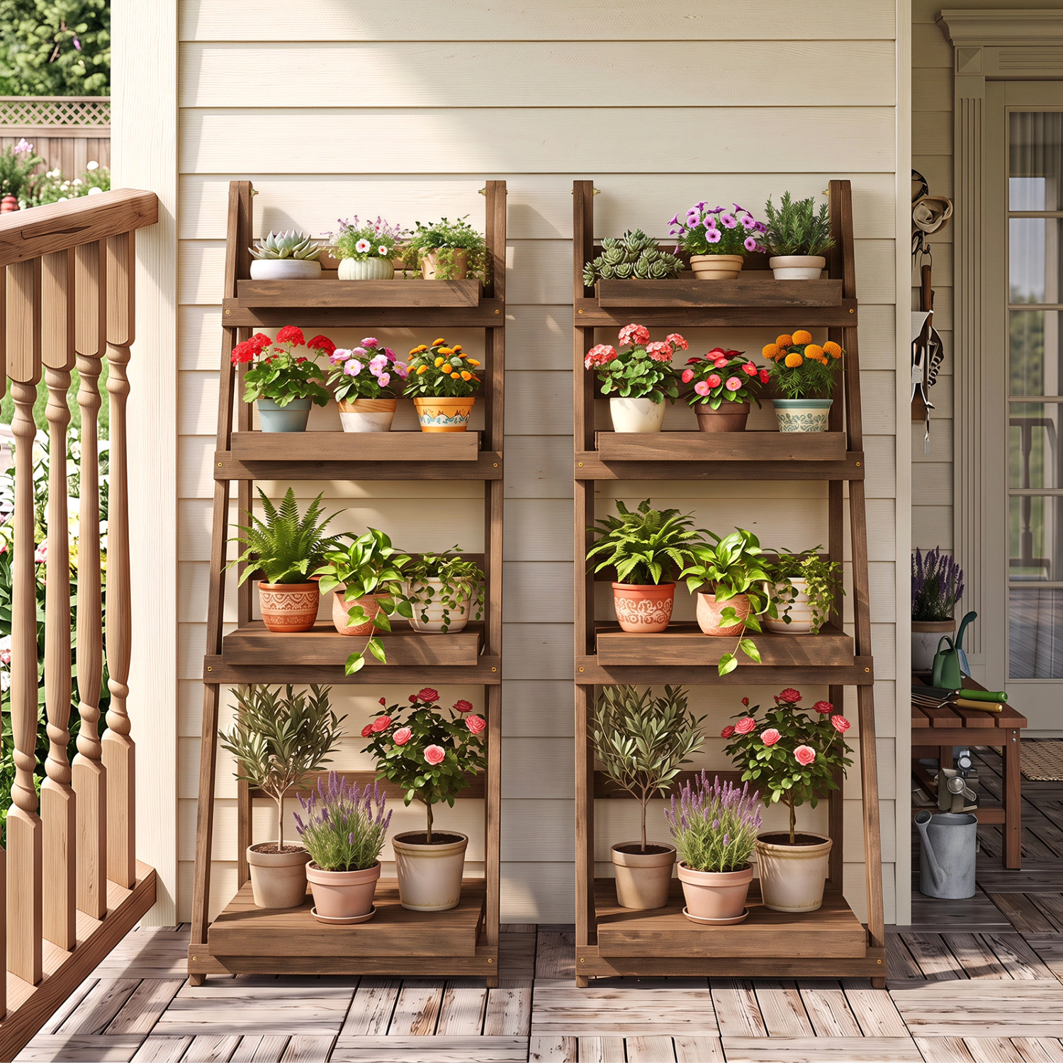 LJG 4-Tier Foldable Plant Stand with Slatted Shelves for Garden
