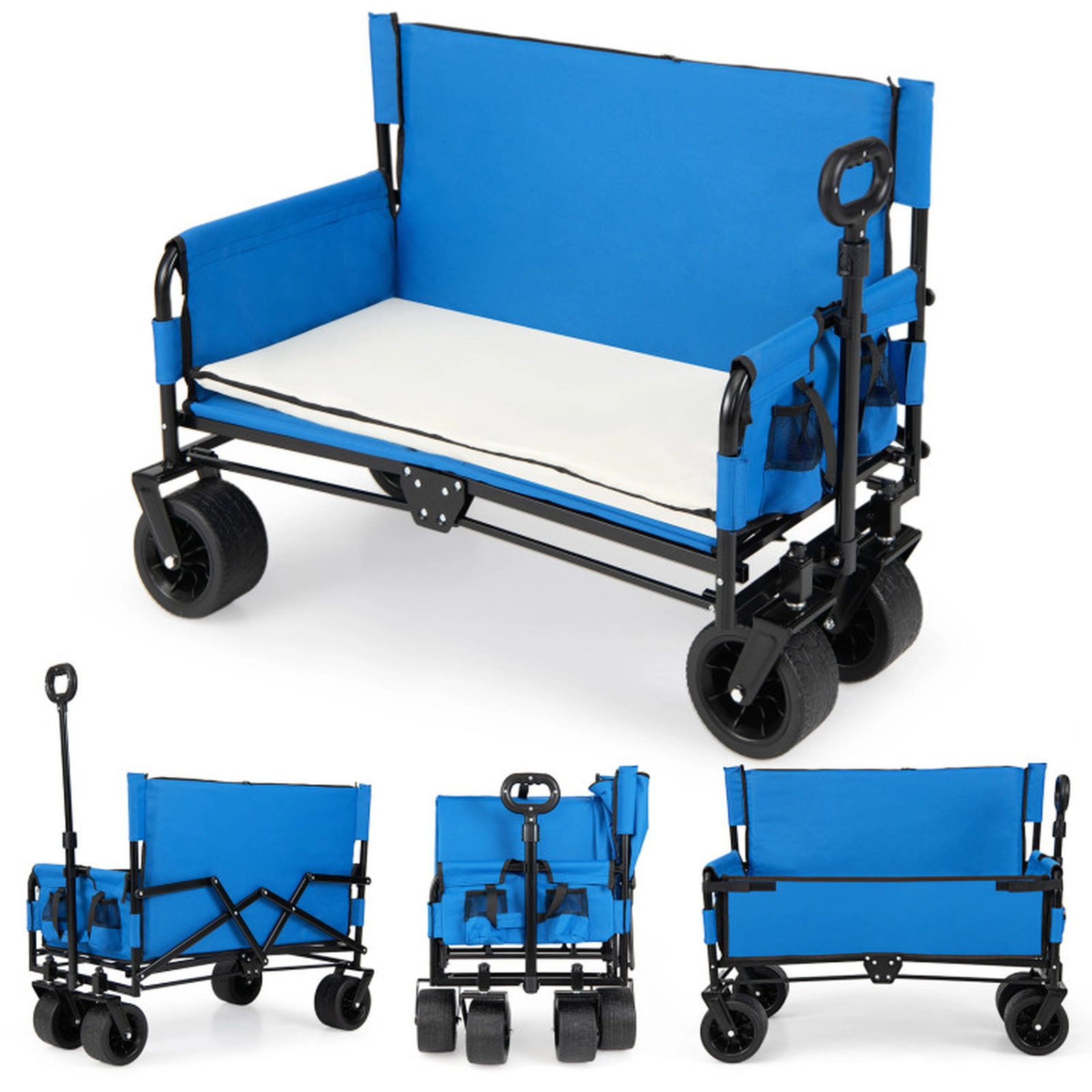 SUGIFT Blue 2-in-1 Collapsible Beach Wagon with Bench Seat and Rotating Handle 38-in W 176-lb Load Capacity