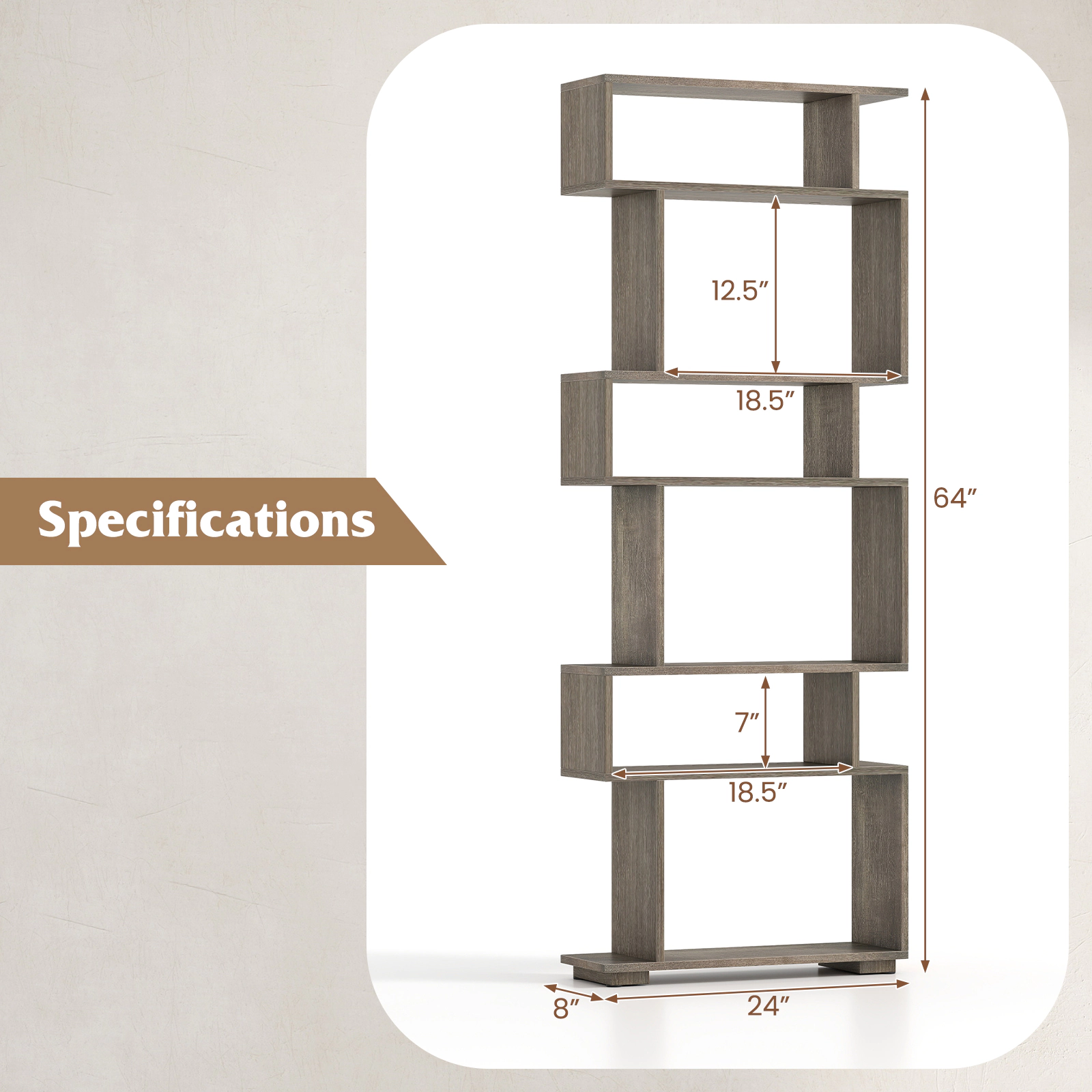 SUGIFT 6-Tier Geometric Bookshelf 64-in Tall with 11-lb Shelf and 22-lb Bottom Capacity with 2 Anti-Tipping Kits Oak