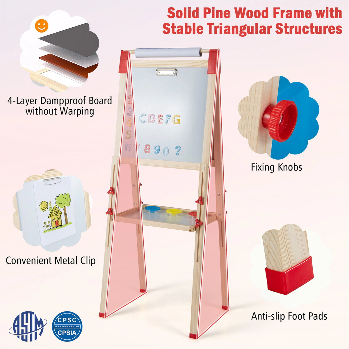 SUGIFT 3-in-1 Double-Sided Adjustable Kid Easel Magnetic Chalkboard & Whiteboard 40-49.5-in Tall Ages 3-8 Natural + Blue