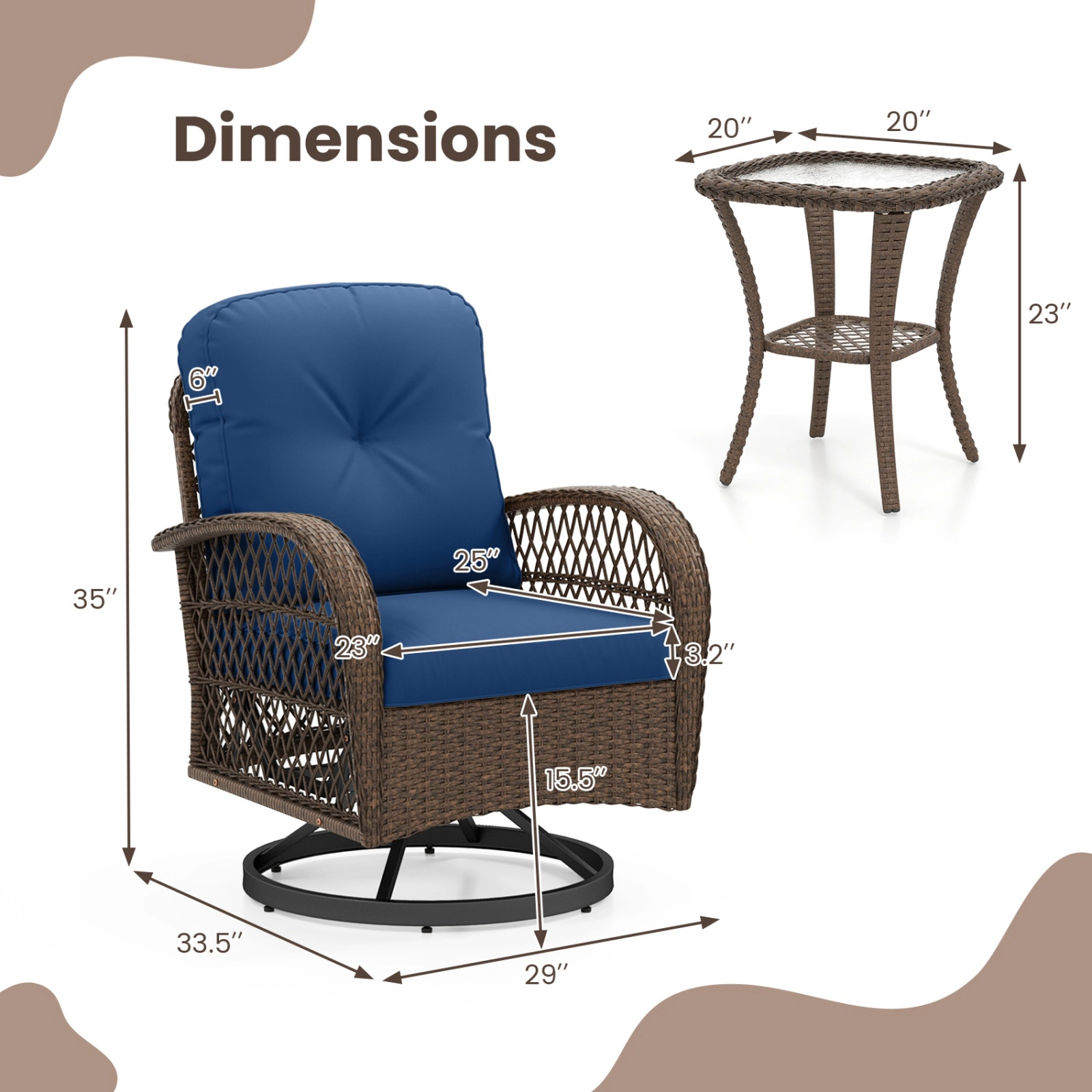 SUGIFT 3-Piece Brown Patio Furniture Set with 2 Swivel Rocker Chairs and 2-Tier Side Table 400-lb Per Seat