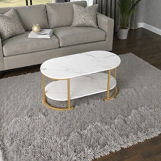 Hivvago Spacious Two-Layer Wooden Coffee Table with Oval Top and Storage Shelf