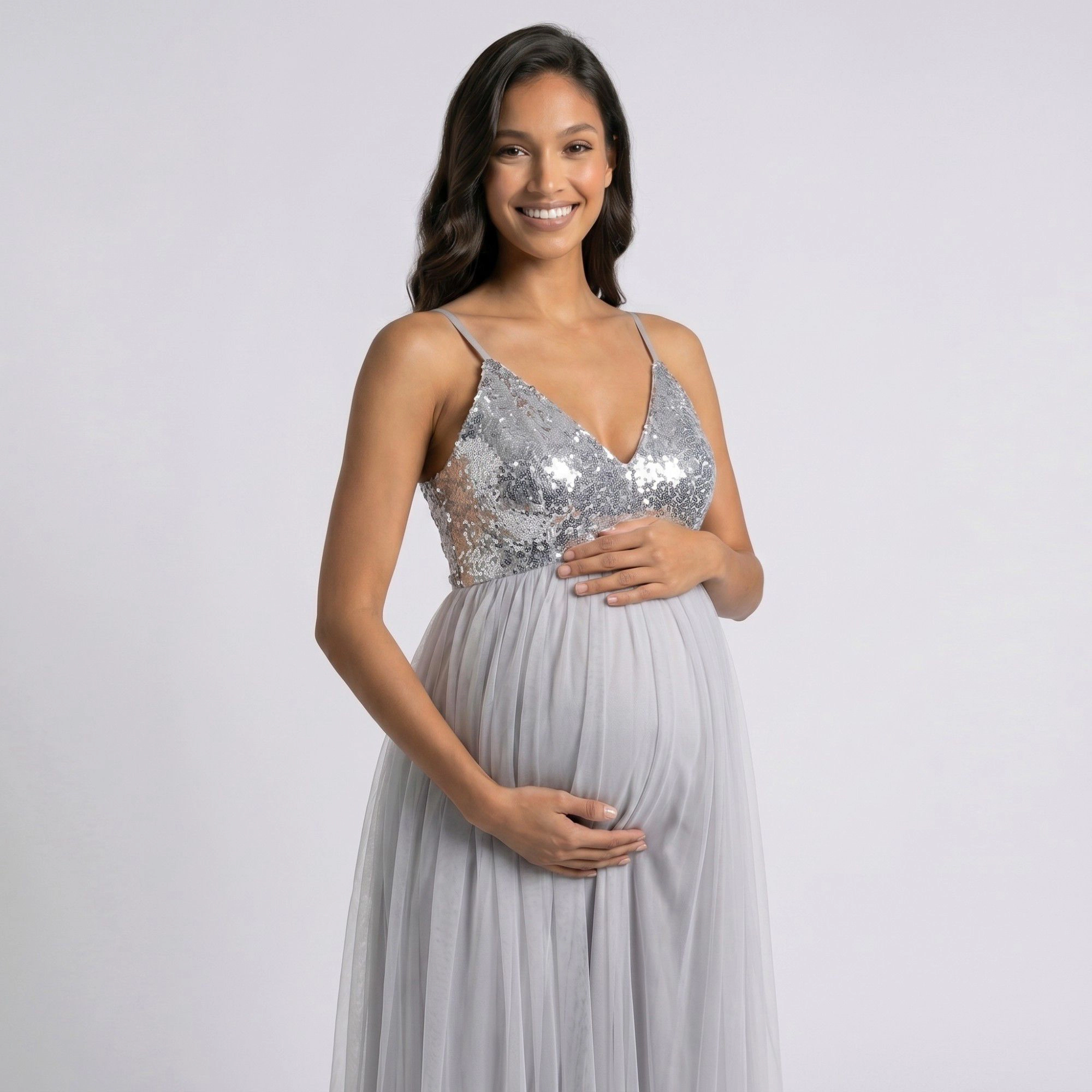 Anna-Kaci Women's Sequin Bodice Tulle Skirt Front Slit Maternity Maxi Dress