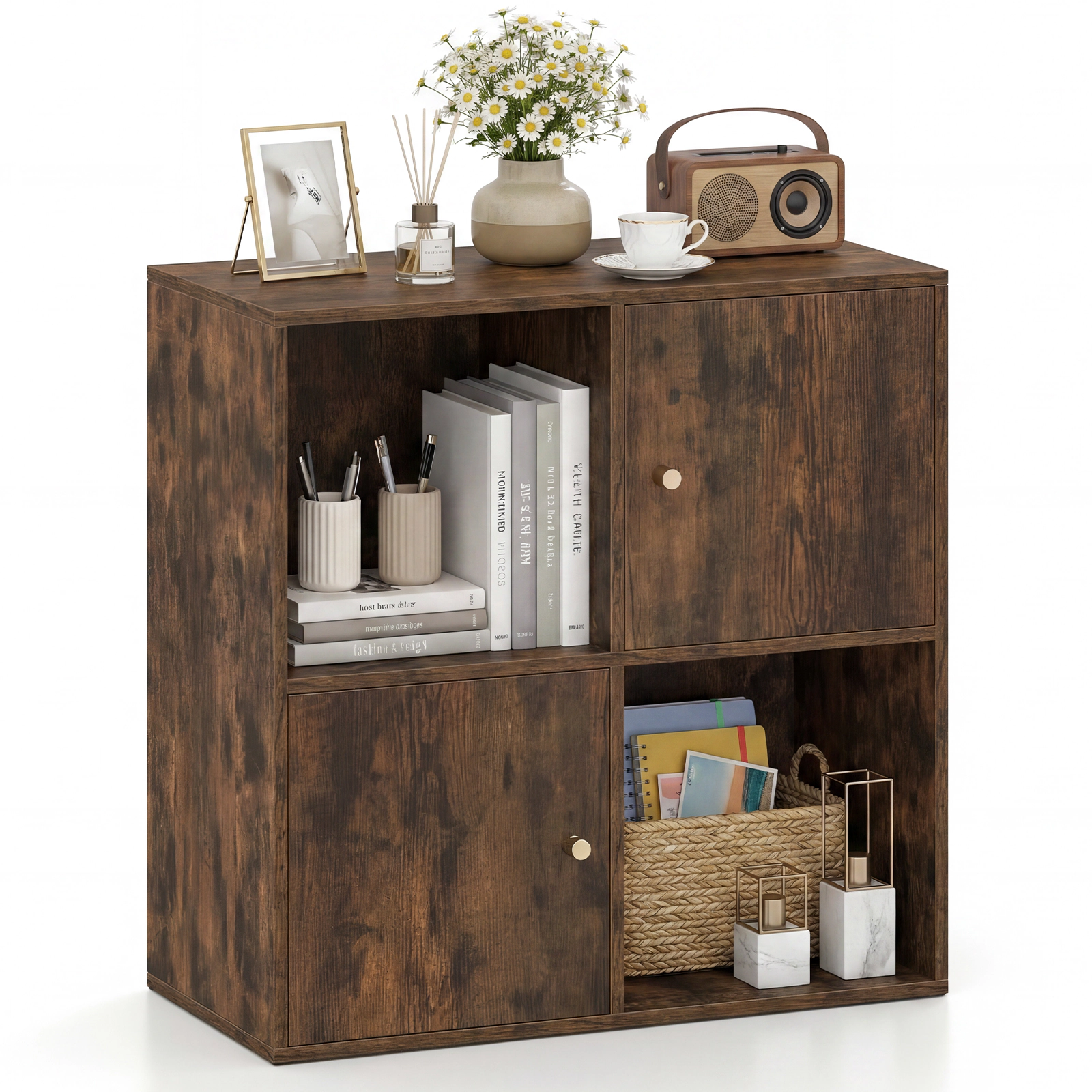 Costway 4-cube Bookcase, Floor Standing Display Cabinet with 2 Open Cubes, Enclosed Cubes Black