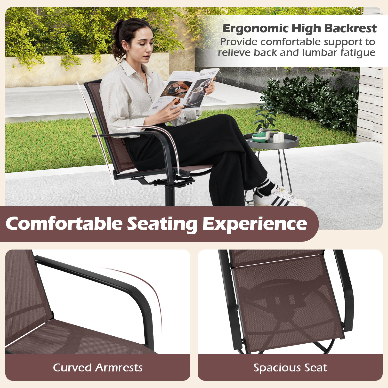 SUGIFT Outdoor Swivel Chairs Set of 2 Coffee with High Back and Breathable Seat