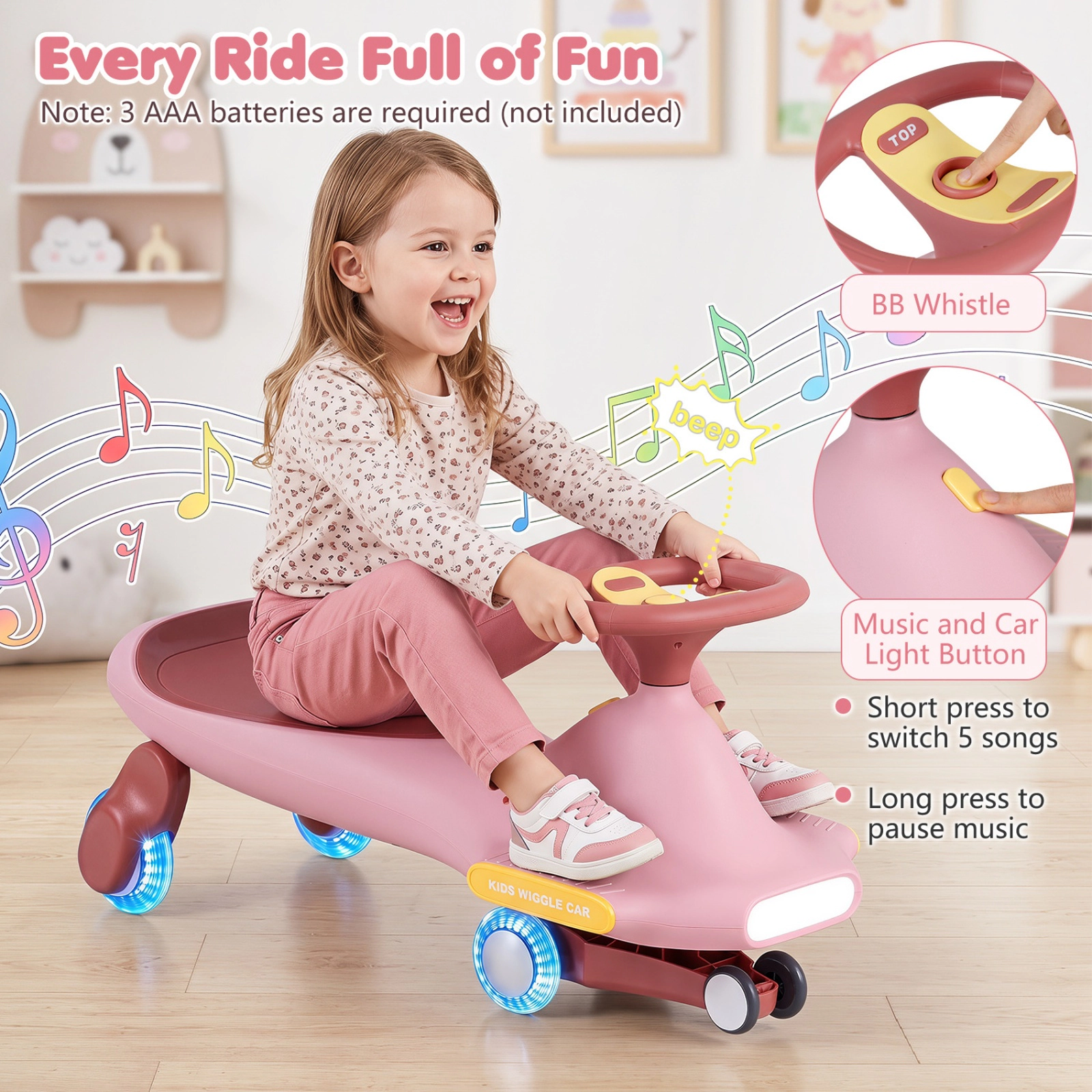 SUGIFT LED Flashing Wheel Wiggle Car Ride-On with Music 29 x 11.5 x 14.5 in Body Ages 2-8 Pink