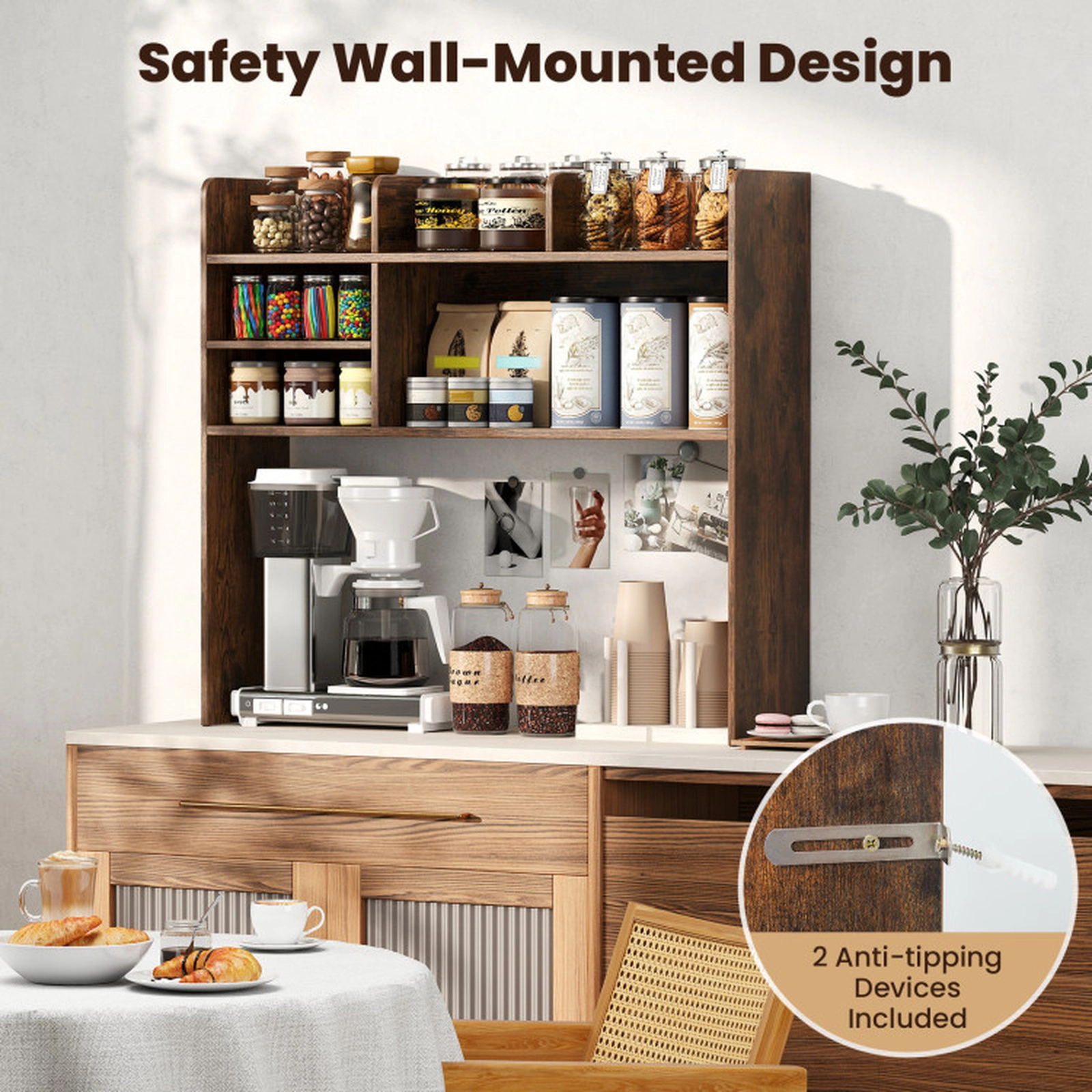 SUGIFT 6-Shelf Rustic Brown Desktop Bookshelf Countertop Hutch with 3-Position Adjustable Shelf for Monitor