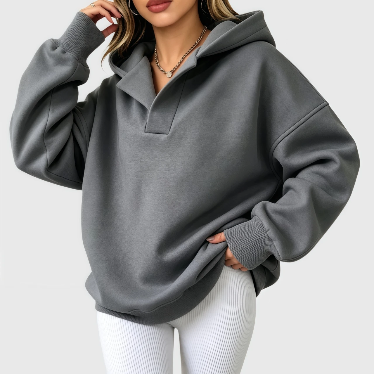 YesFashion Womens Oversized Hoodies Casual V Neck Long Sleeve Pullover Sweatshirts Preppy Clothes