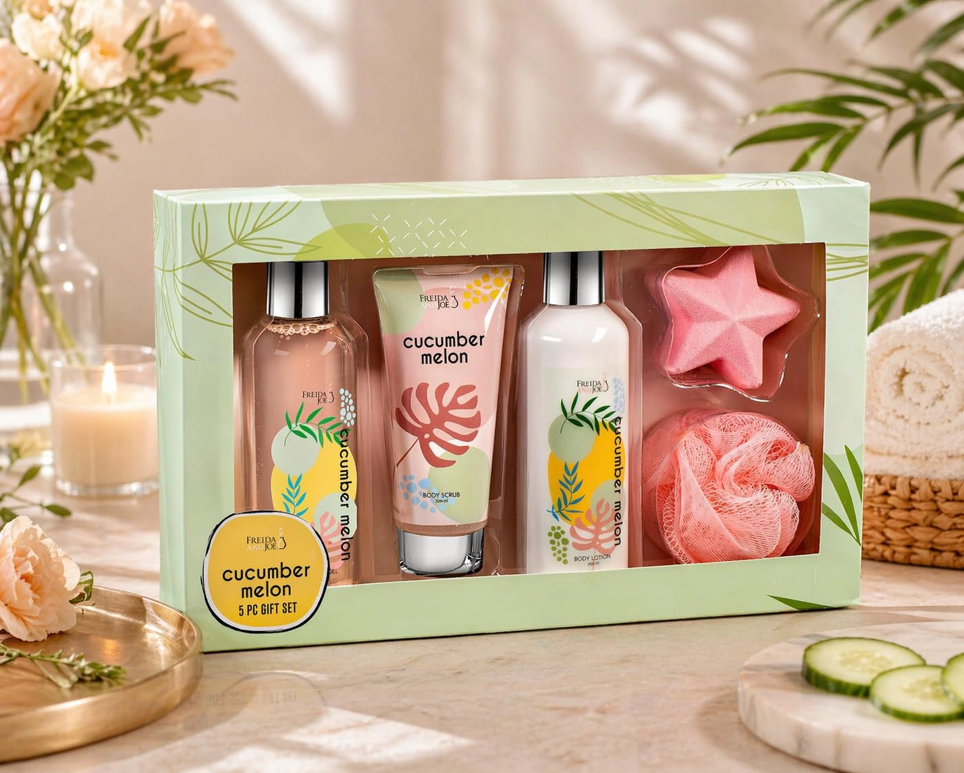 Freida and Joe  Women Cucumber Melon Spa Gift Box For Her – Relaxing Bath & Body Self-care Set