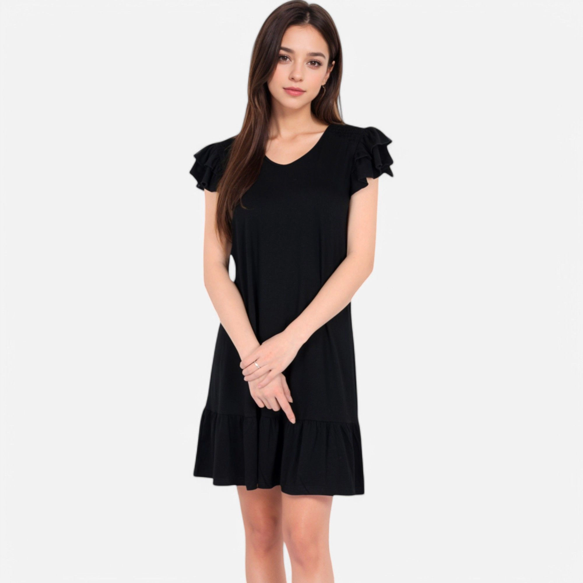 Anna-Kaci Women's Ruffle Sleeve V Neck Tiered Hem Casual Fit Dress