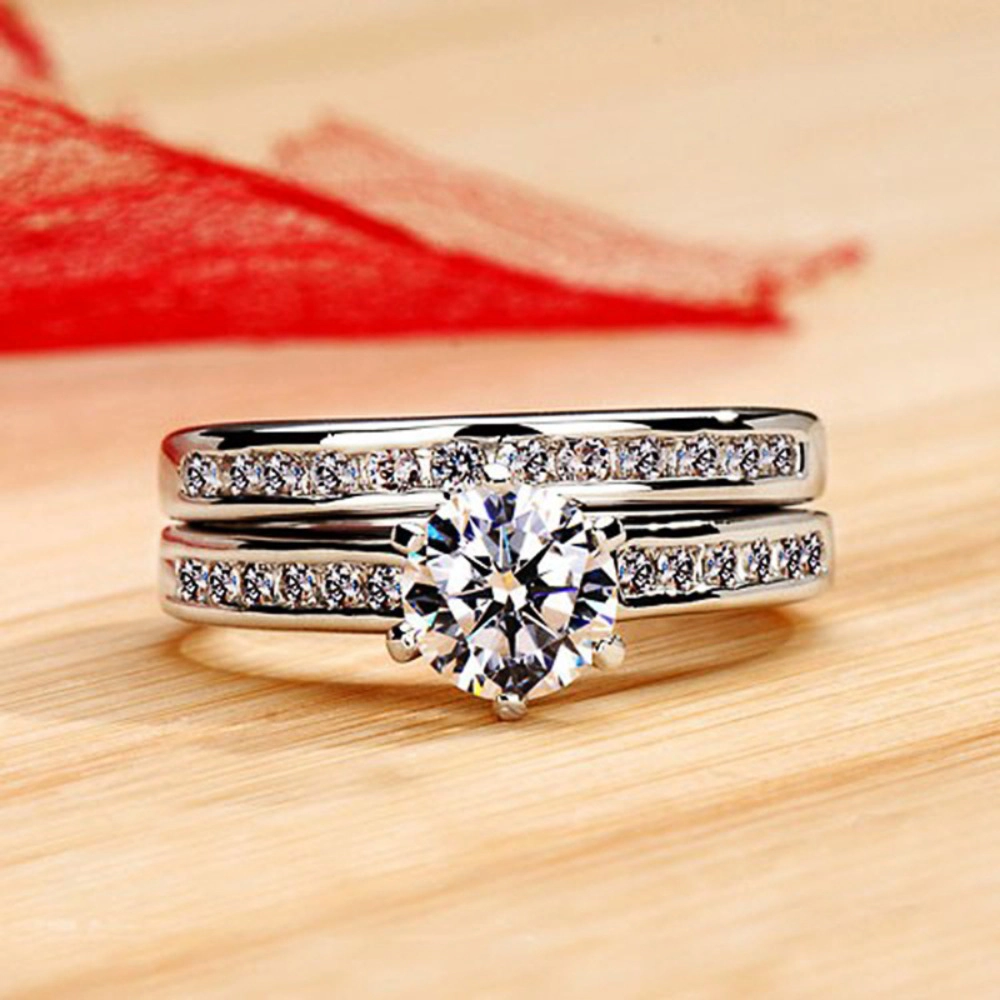 Delicate Women's Brass Cubic Zirconia 2-Piece Engagement Ring Set