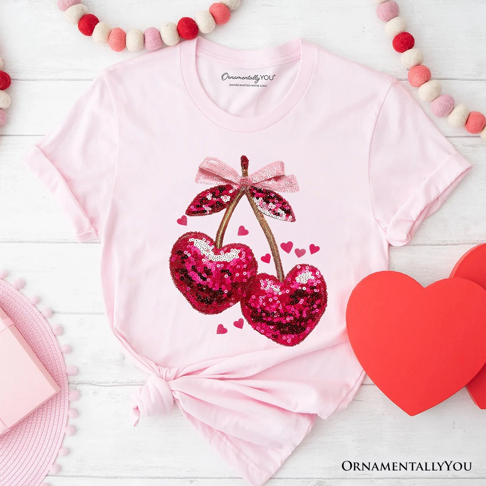 OrnamentallyYou Womens Sequin Cherry Heart "Mood For Love" Valentine T-Shirt