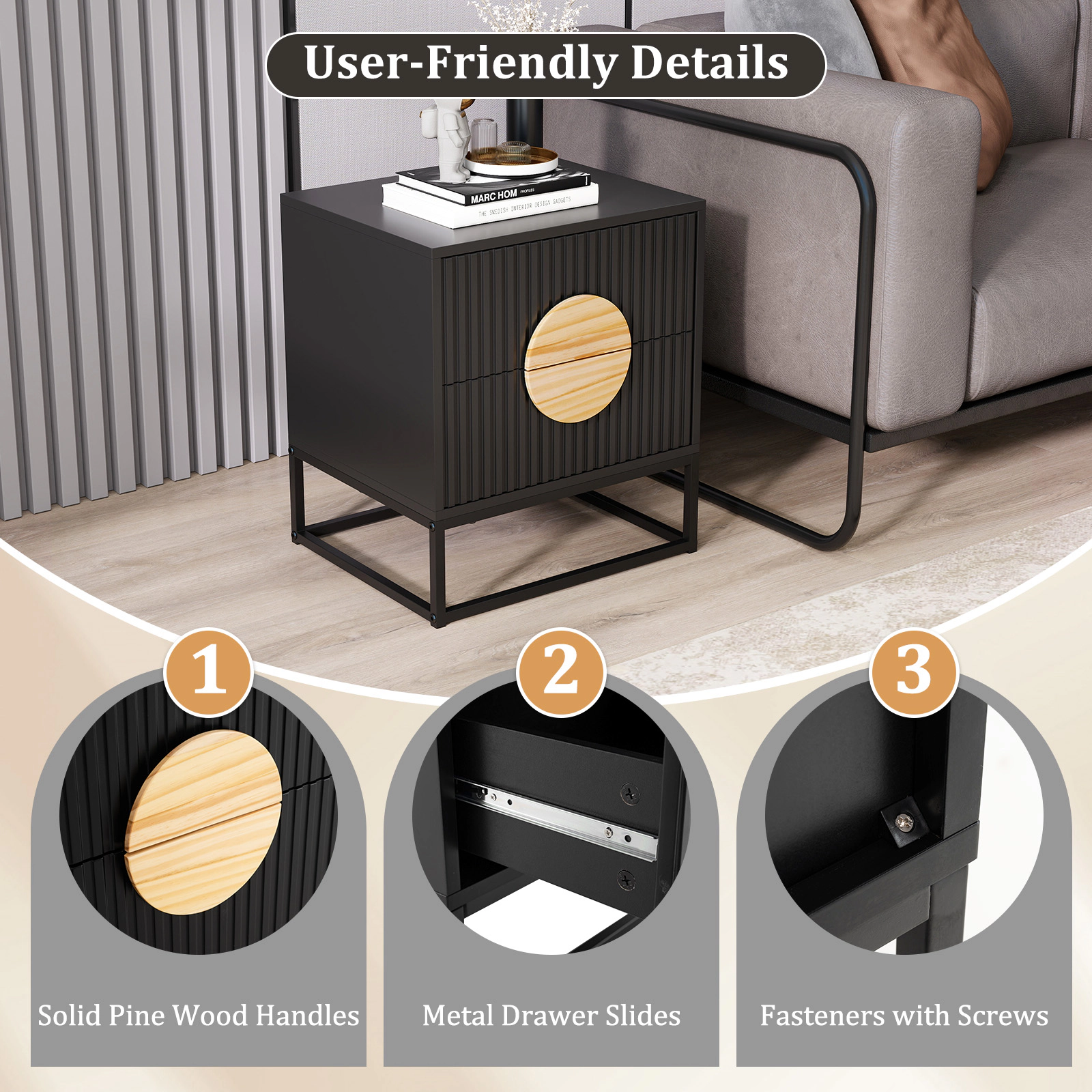 Glintex Mid-Century Fluted Nightstand with Solid Pine Wood Handles and Metal Base