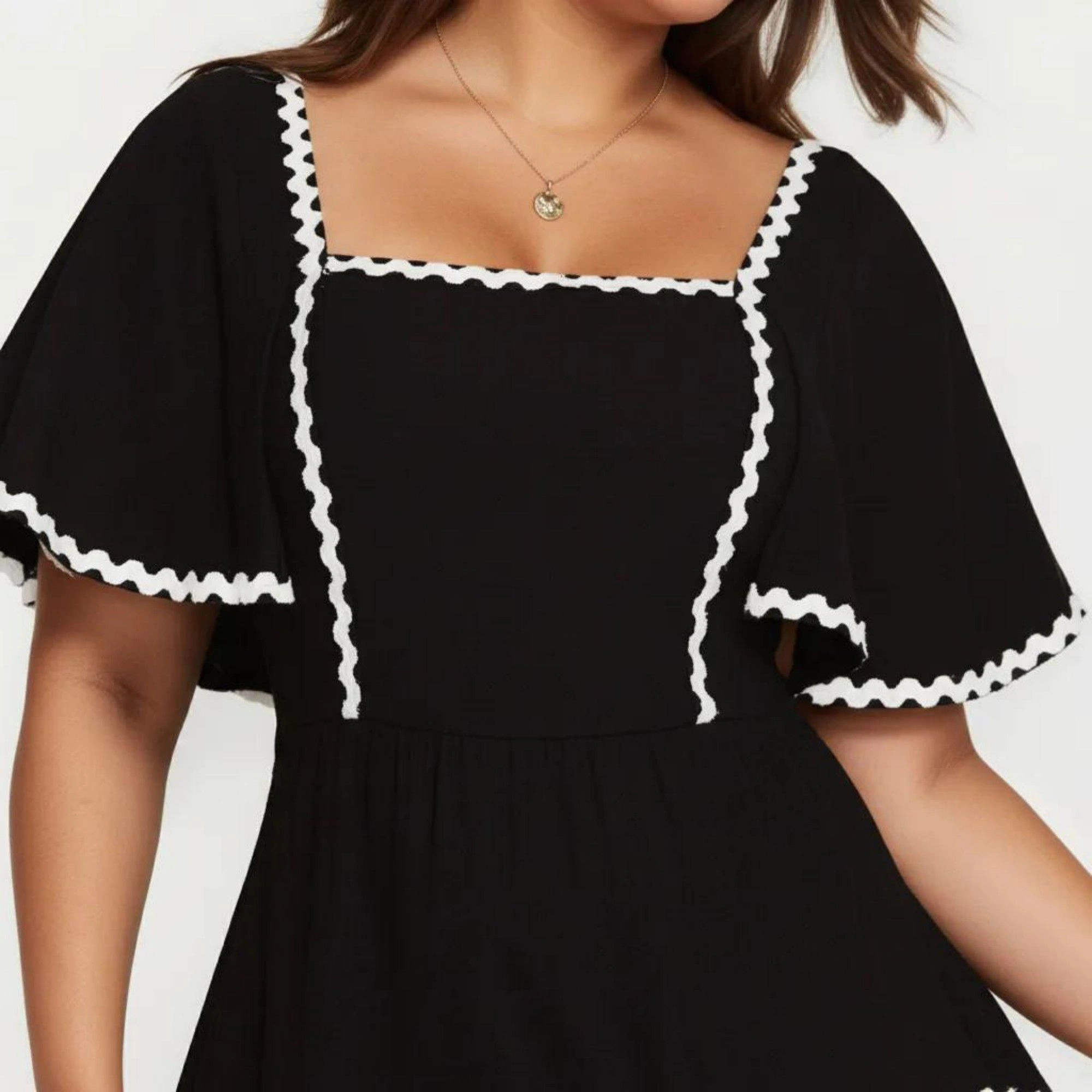 Anna-Kaci Womens Plus Square Neck Contrast Trim Tiered Midi Dress