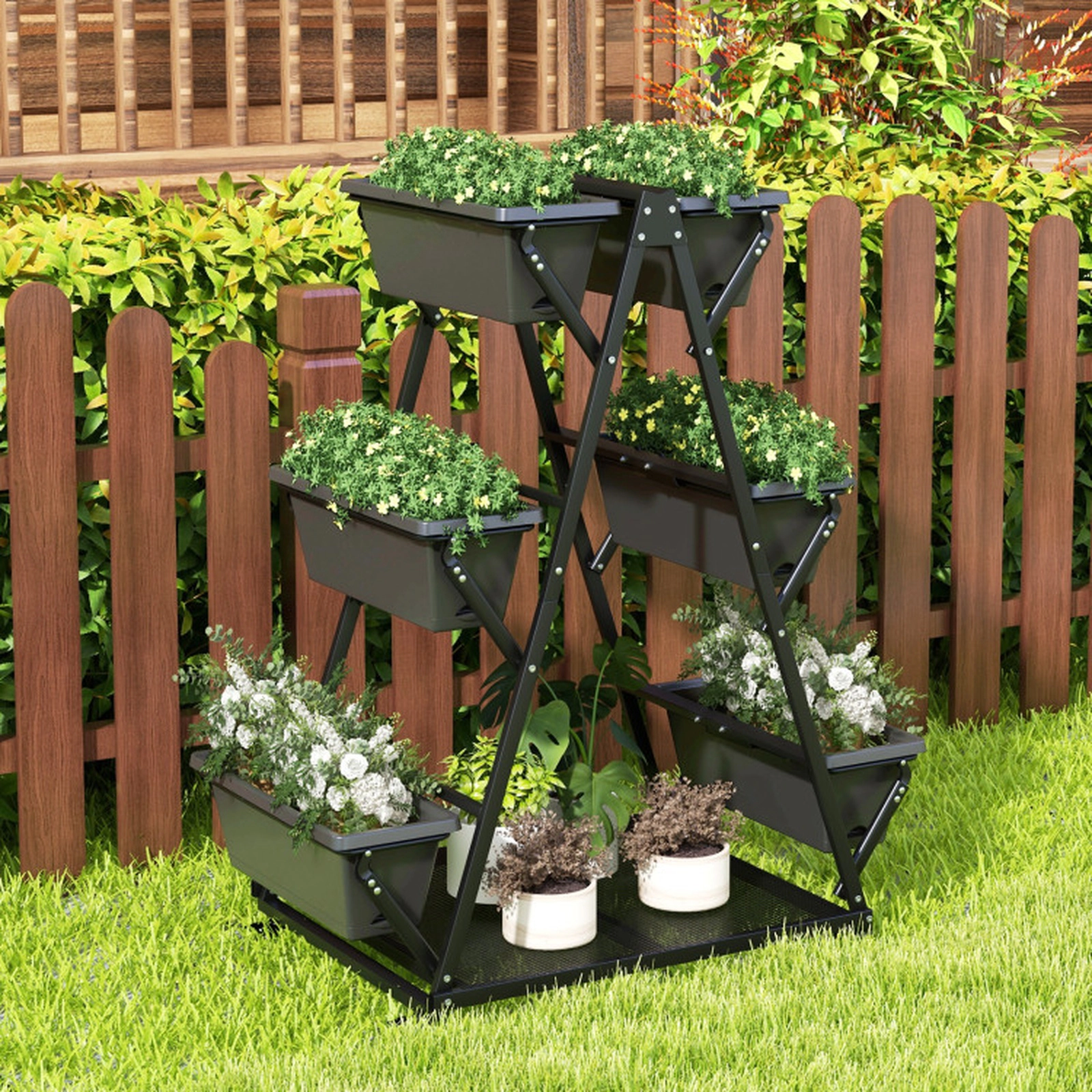 SUGIFT 3-Tier 22-lb Per-Box Vertical Raised Garden Bed with 6 Containers 4 Wheels and Steel Storage Shelf