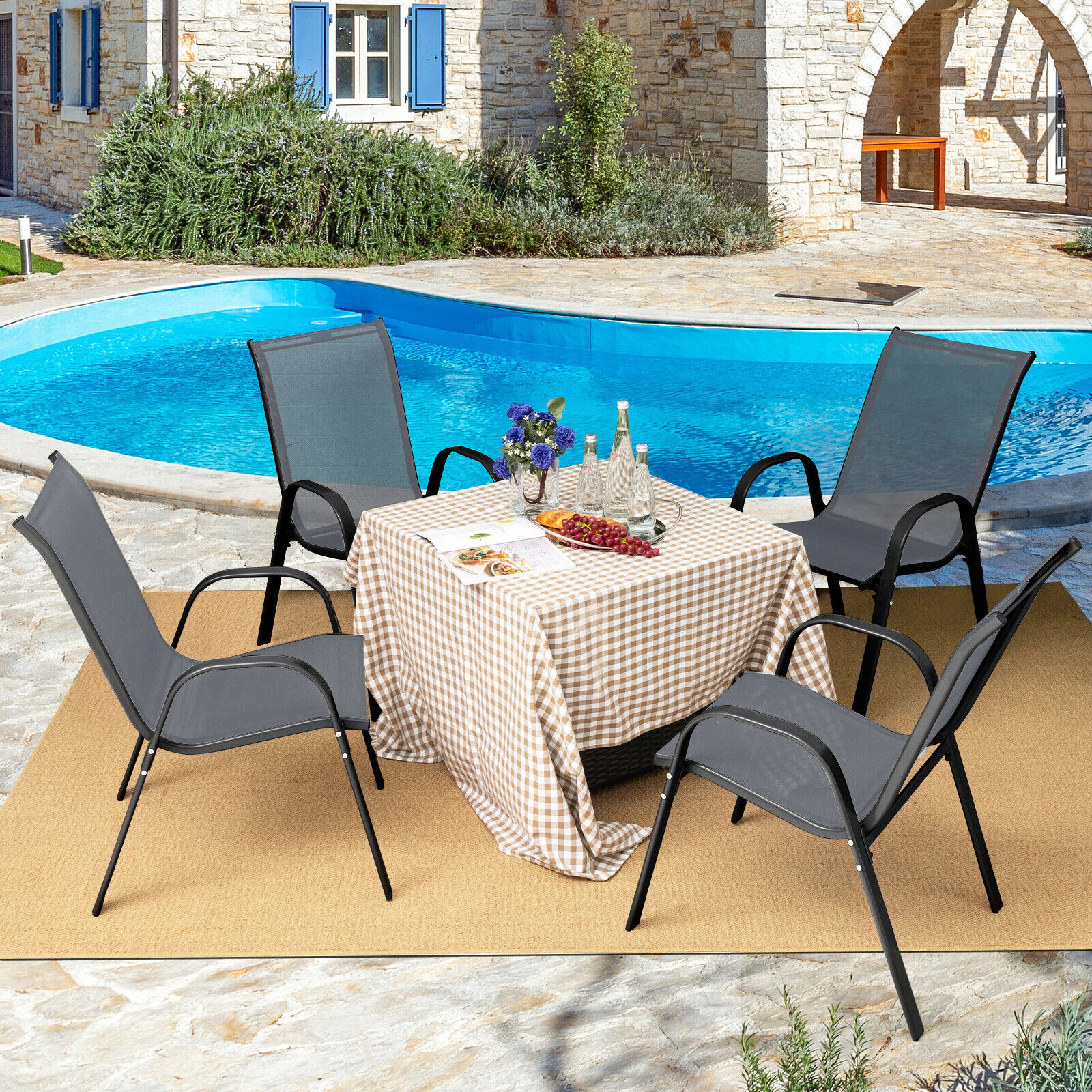 SUGIFT Set of 4 Stackable Patio Dining Chairs, Gray Sling Fabric, Steel Frame