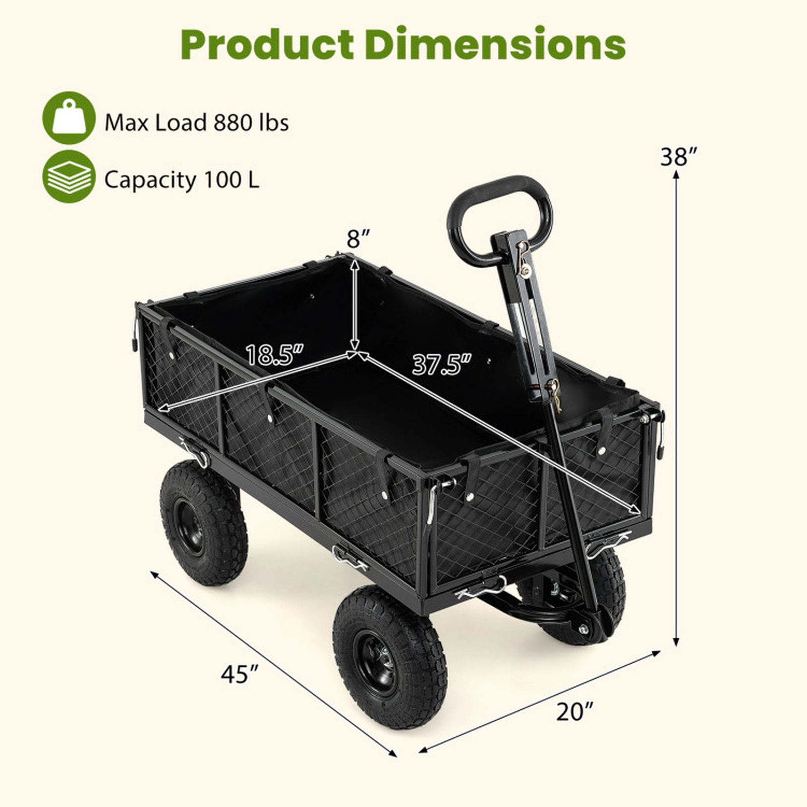 SUGIFT Black 880-lb Capacity Steel Garden Cart Utility Wagon with Mesh Sides Oxford Liner and Tires
