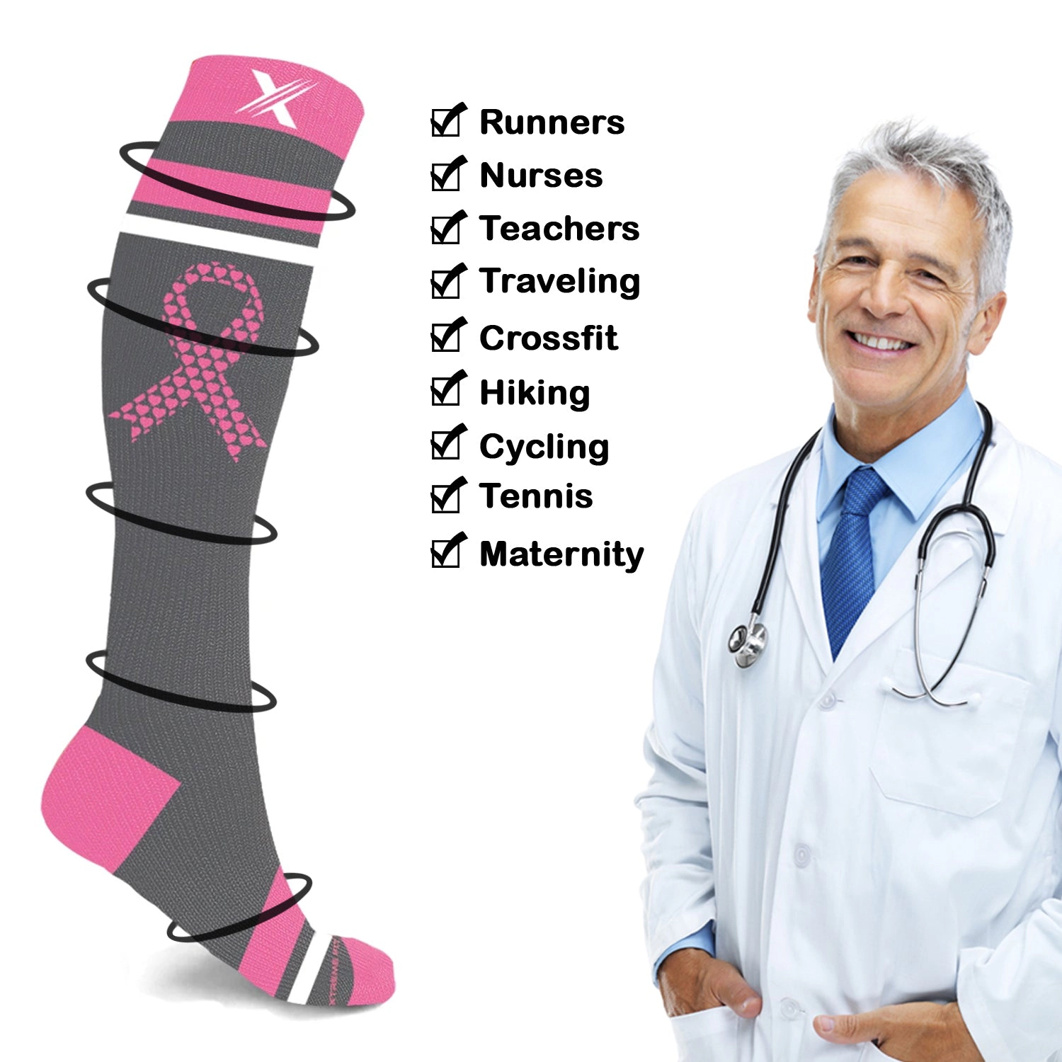 Extreme Fit Cancer Awareness Compression Socks - Knee High For Running 3 Pair