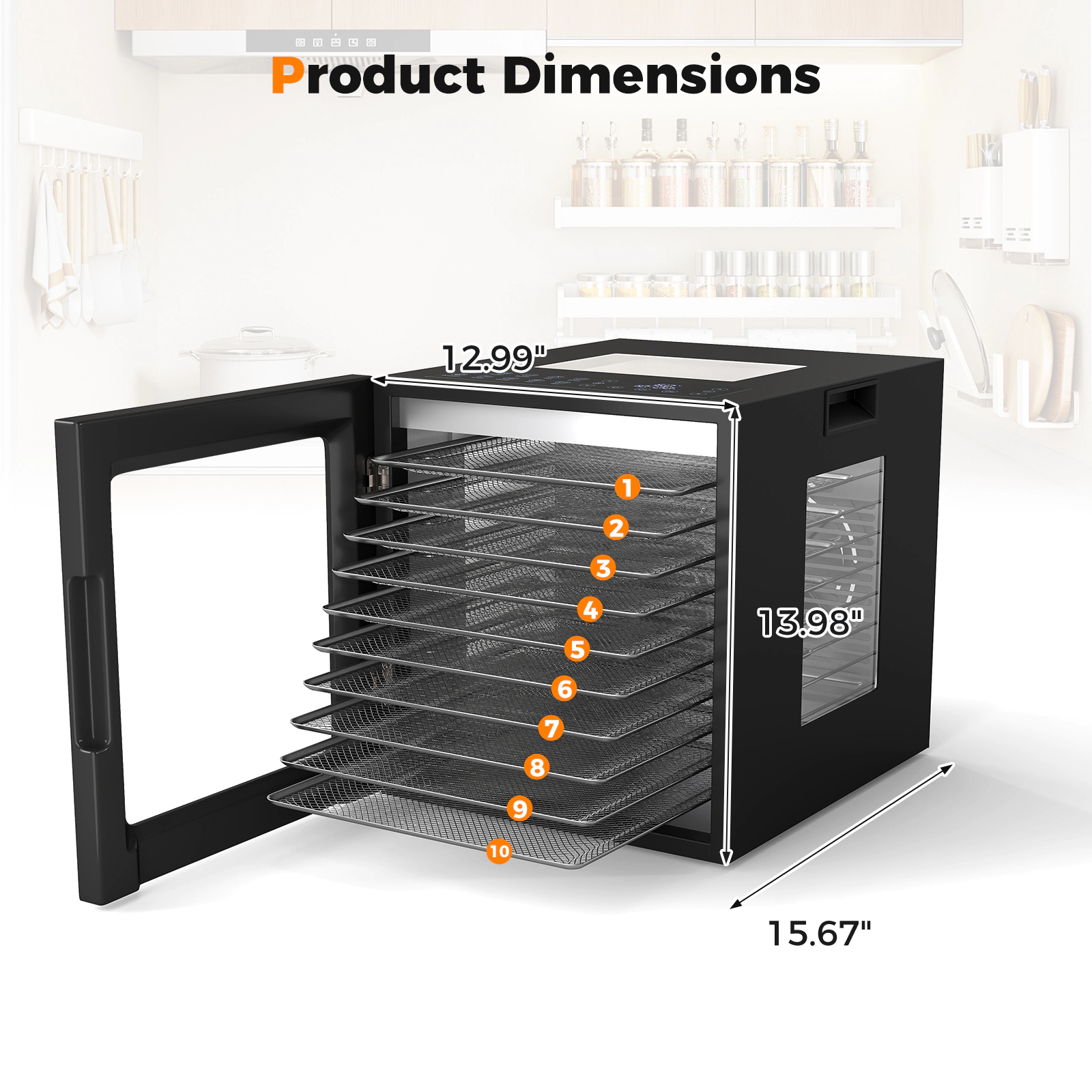 SUGIFT Black 10-Tray Stainless Steel Food Dehydrator with 10 Presets 1-48H Timer and LED Display