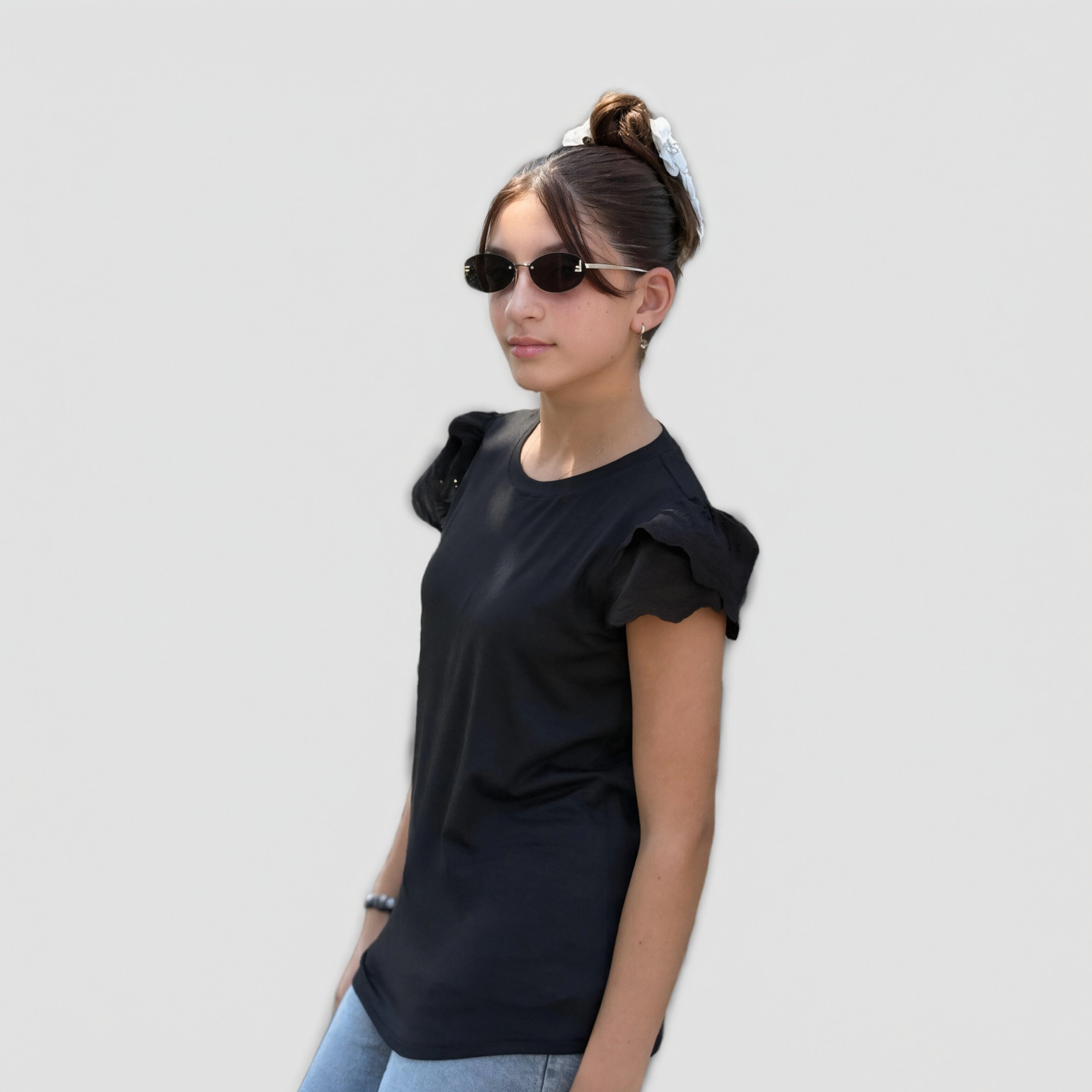 Arshiner Girl's Lace Petal Sleeve Crewneck T-Shirt