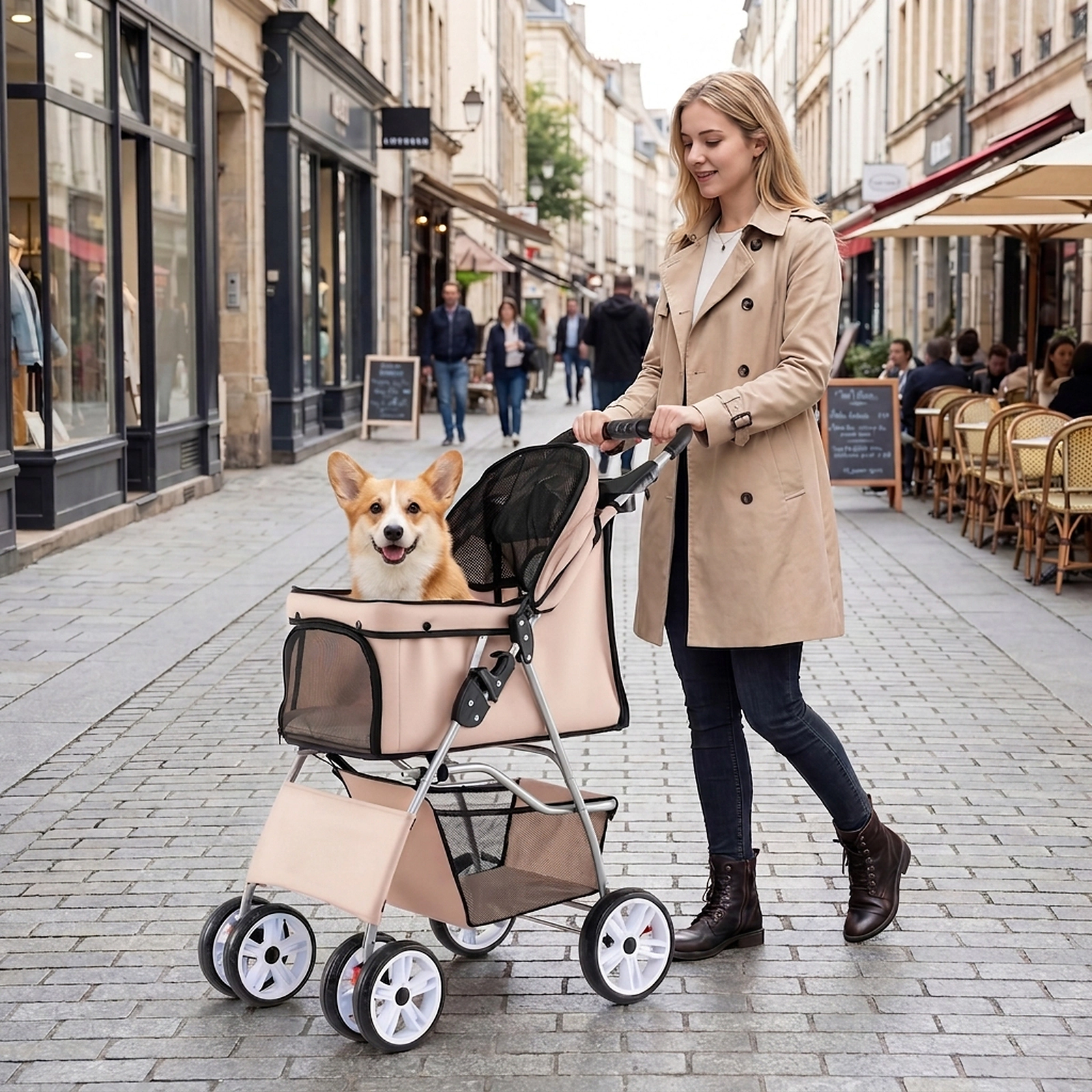 SUGIFT Beige 4-Wheel 33-lb Capacity Folding Pet Stroller for Small Dogs and Cats with Cup Holder and Basket