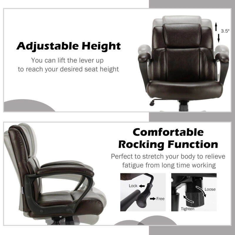 SUGIFT 300-lb Capacity Brown PU Leather Executive Computer Desk Chair with Rocking Backrest and Tilt Tension
