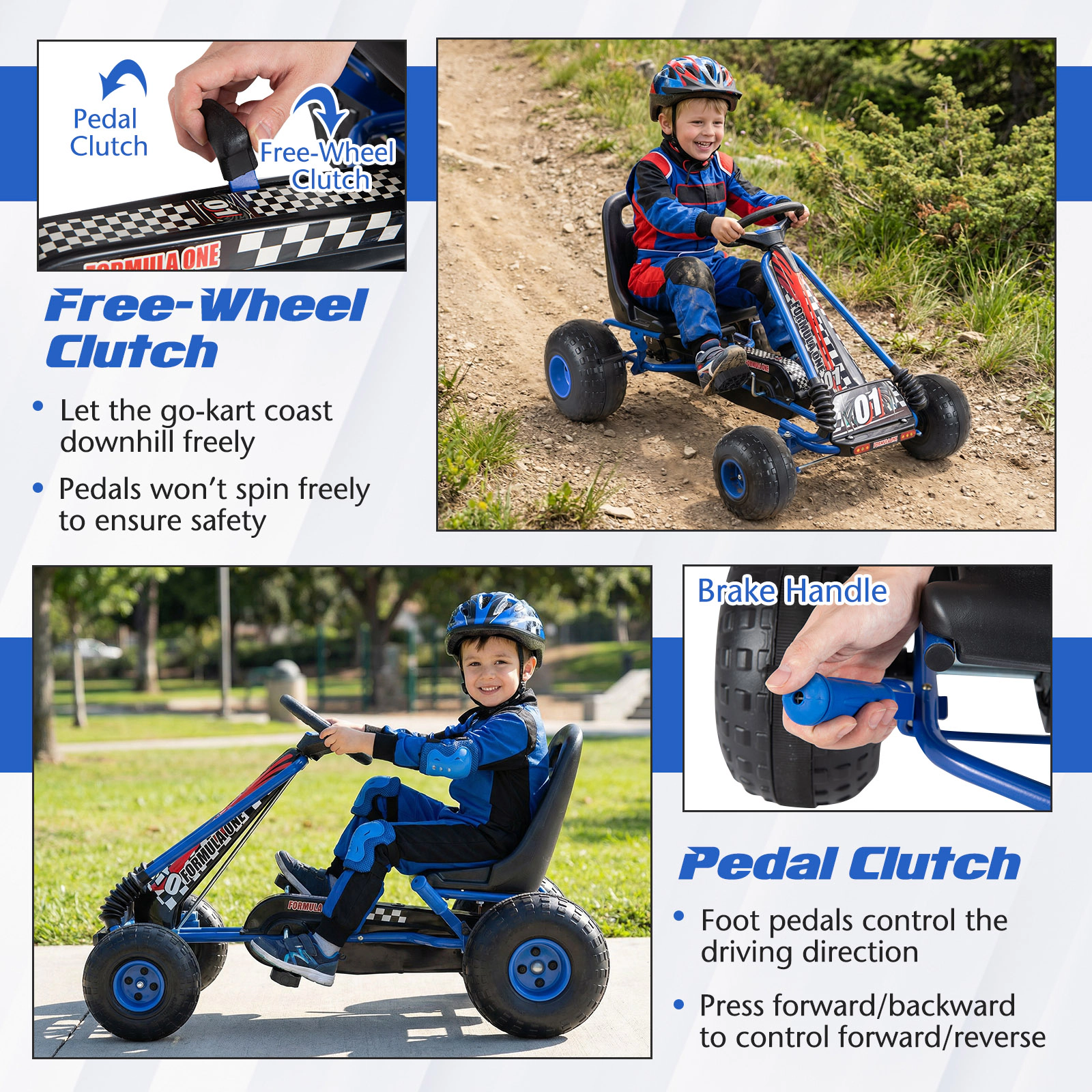 4-Wheel Kids Pedal Go Kart Low Center of Gravity Dual Clutch Modes Hand Brake Multi-Terrain Wheels Ages 3-8 Blue
