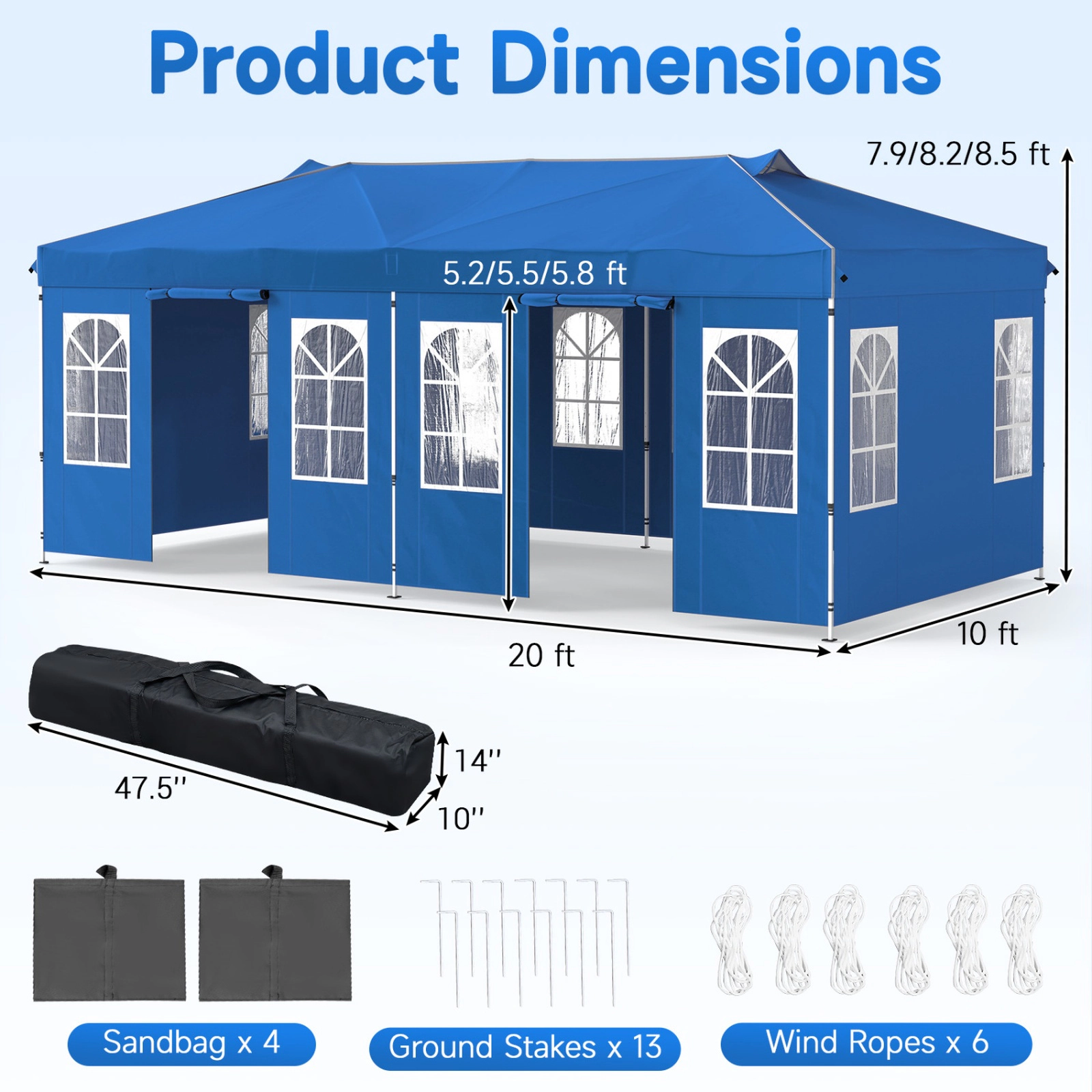 SUGIFT Blue 10-ft by 20-ft 3-Level 210D Oxford Pop Up Canopy Tent with 6 Sidewalls and Zippered Doors