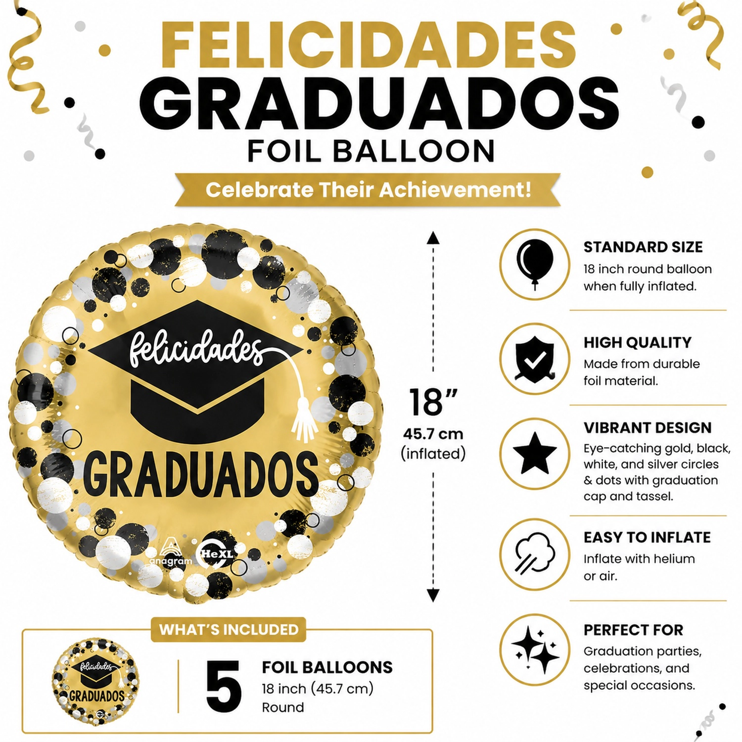 LoonBalloon Dad Graduados Felicidades Circles and Dots Foil Balloon 5-Pack