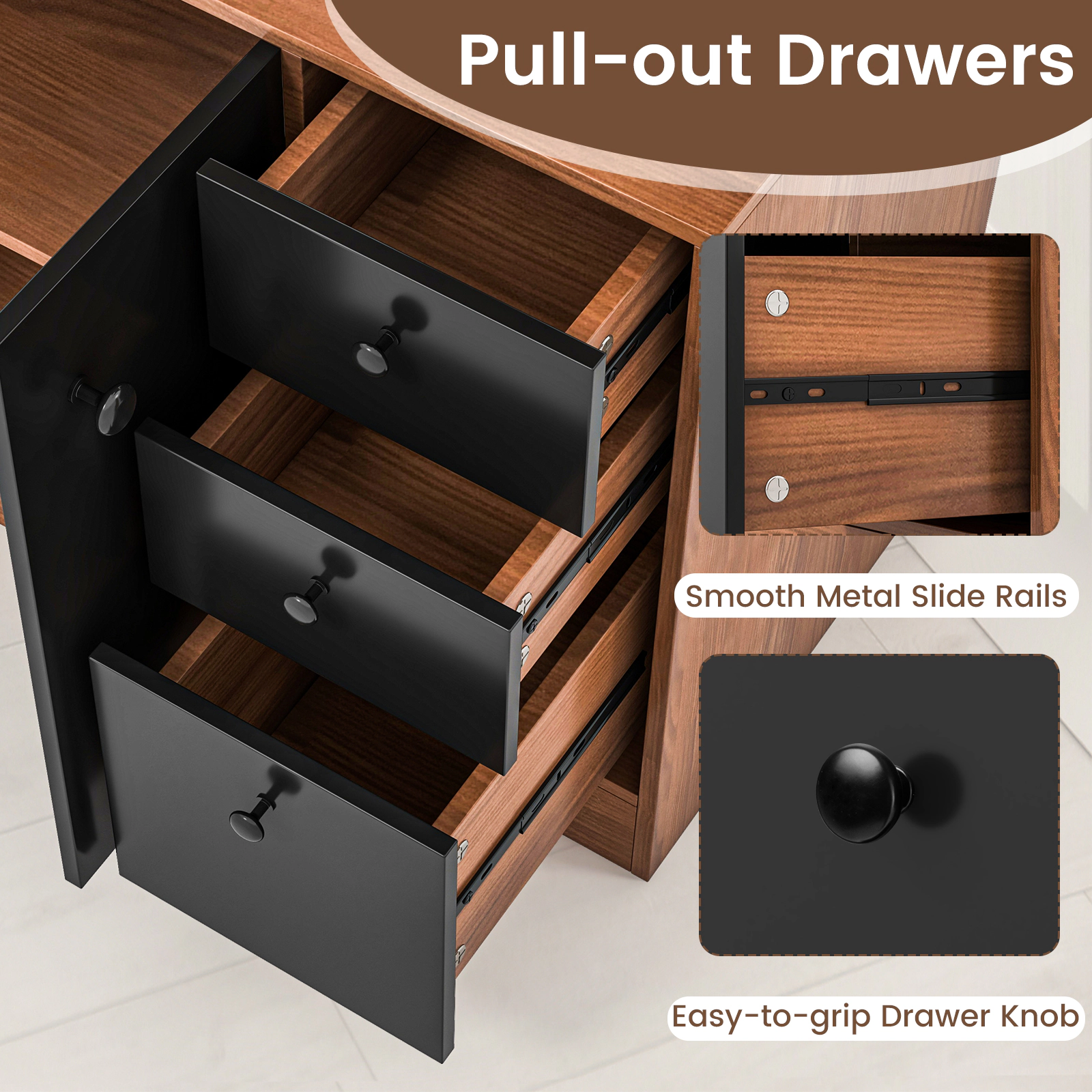 SUGIFT 71-in Tall 110-lb Countertop Walnut Pantry Cabinet with 3 Storage Cabinets and 3 Deep Drawers