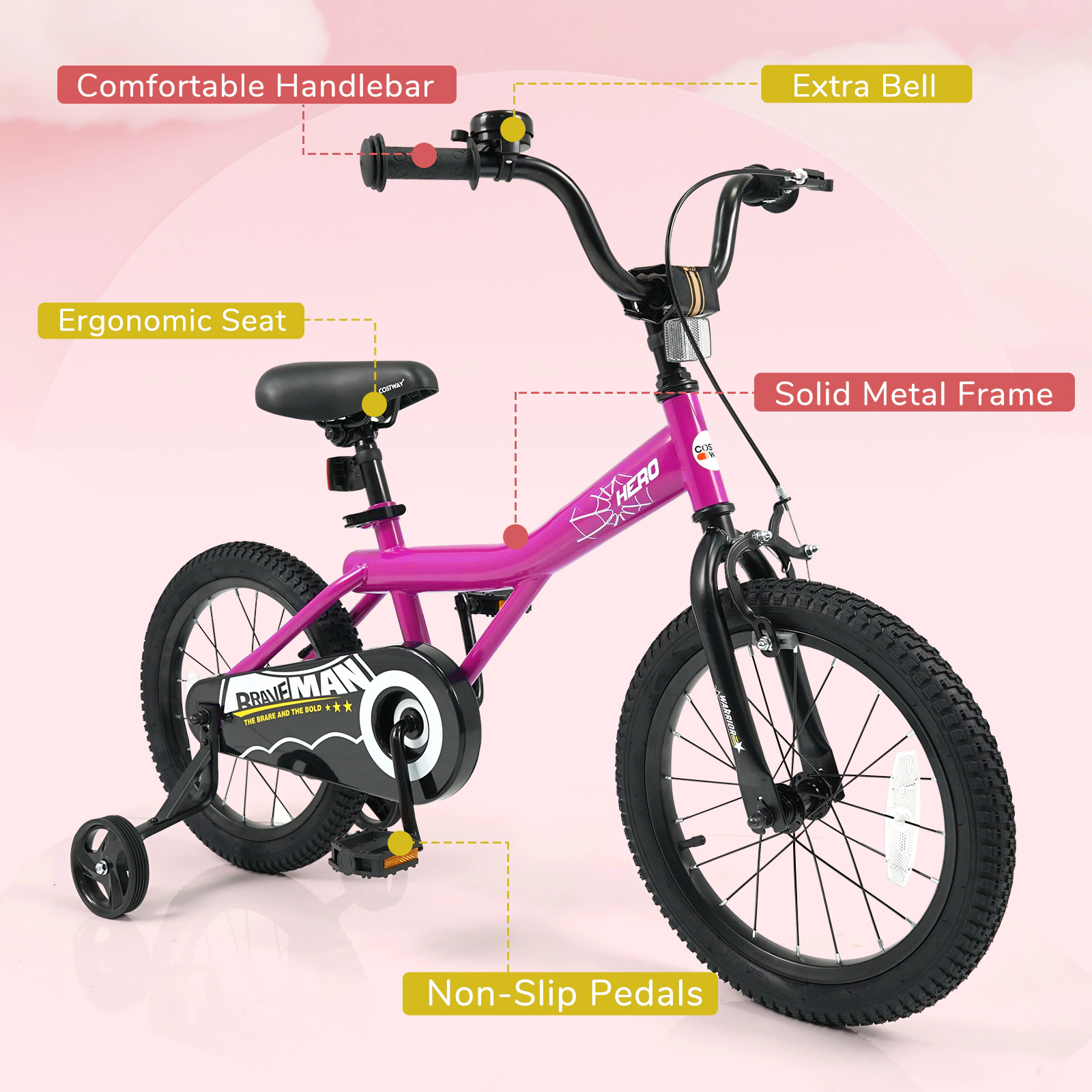 LJG Kids Bike with Removable Training Wheels Pink-Brave Hero