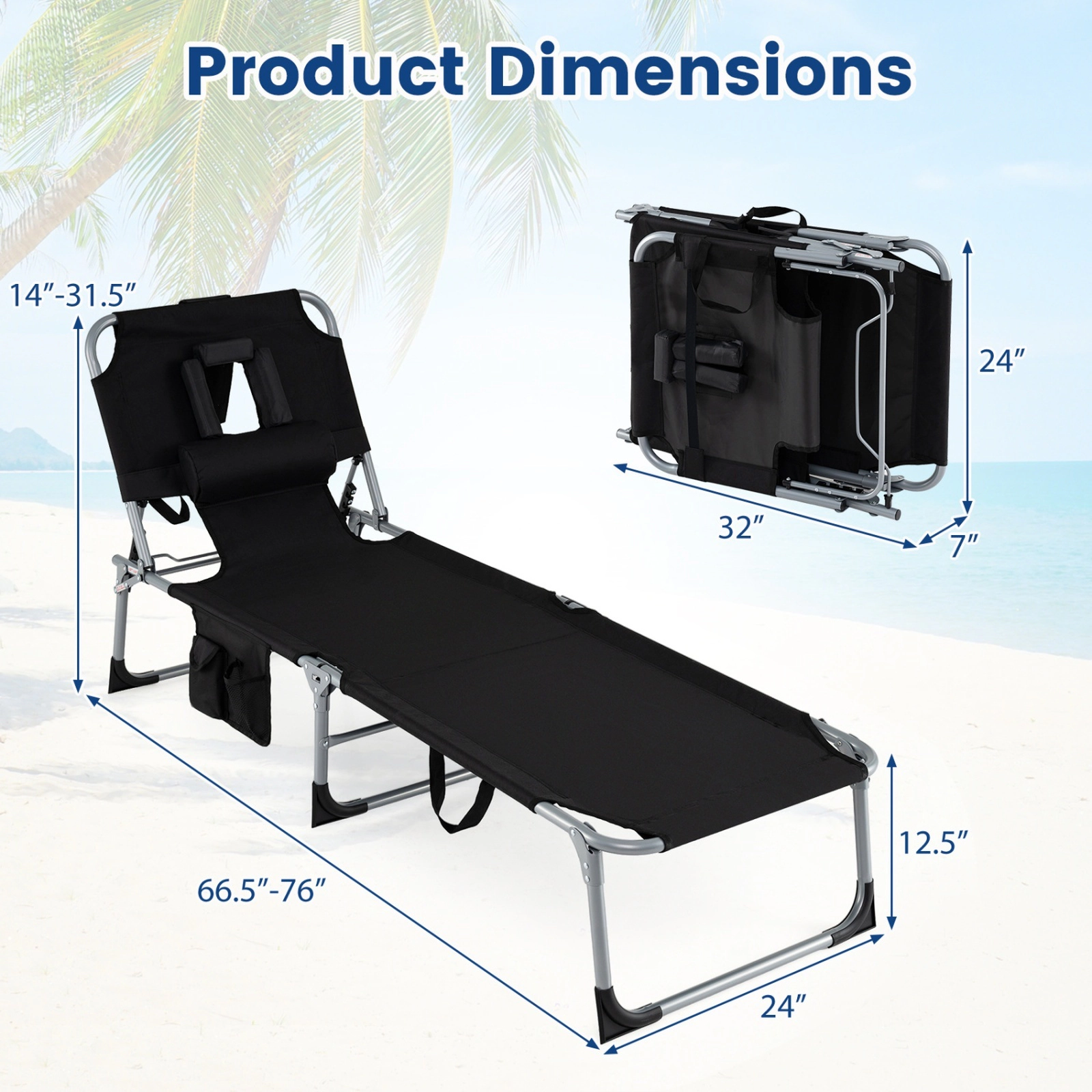 SUGIFT Set of 2 Folding Chaise Lounge Chairs, Adjustable Backrest and Footrest, Face and Arm Holes, Black