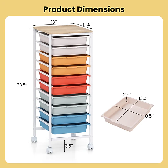 SUGIFT 33-in 10-Drawer Rolling Storage Cart with Wood Top Mobile Utility Organizer and Lockable Wheels