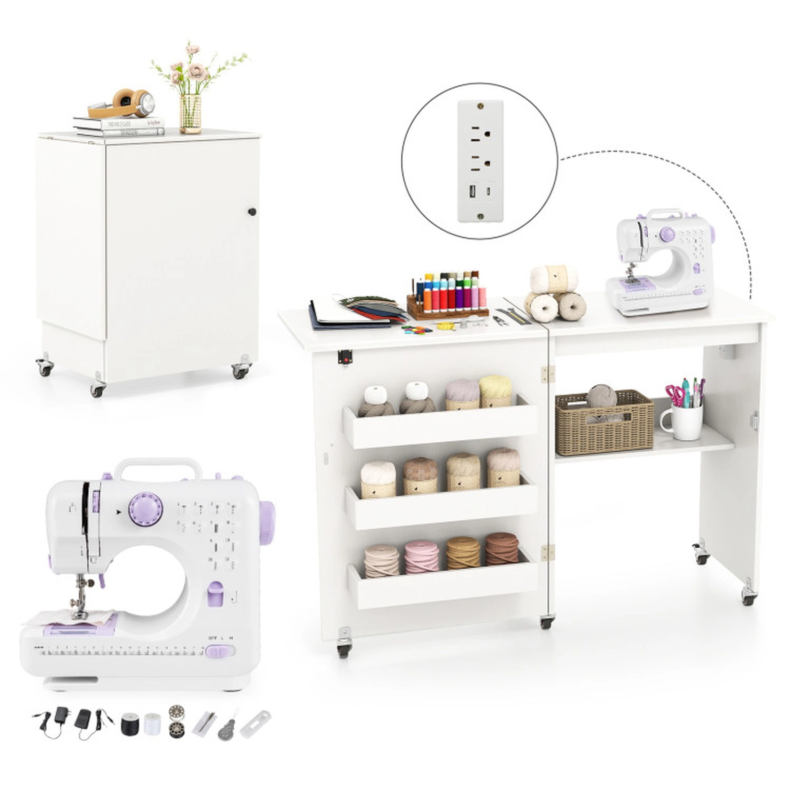 SUGIFT Folding Charging Station 5 Casters Sewing Machine Table Desk 45.5-in x 16-in x 31-in 45-lb Capacity White