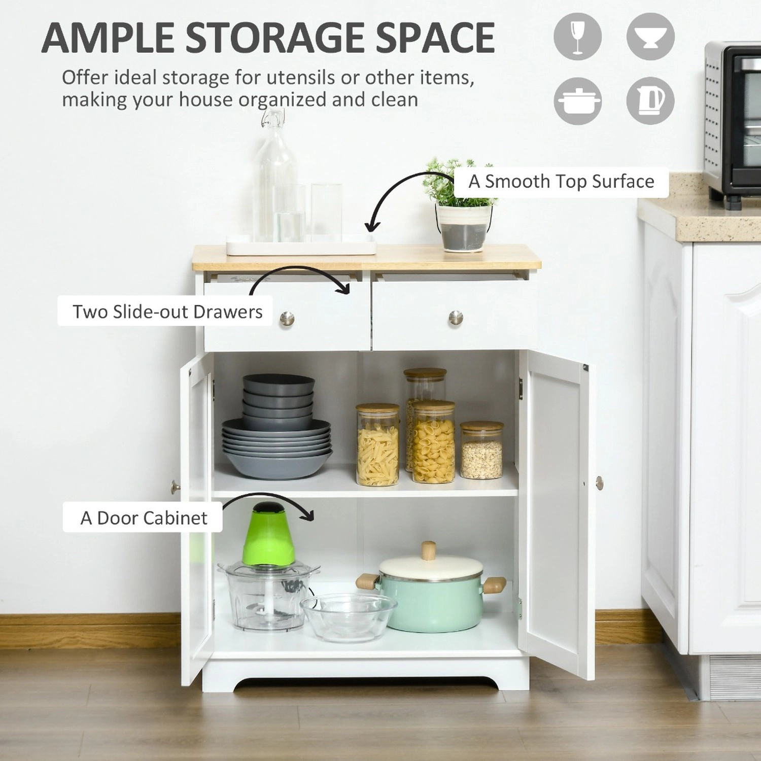 HONGGE Kitchen Storage Cabinet with Solid Wood Top, Adjustable Shelf and 2 Drawers, White Sideboard Cupboard