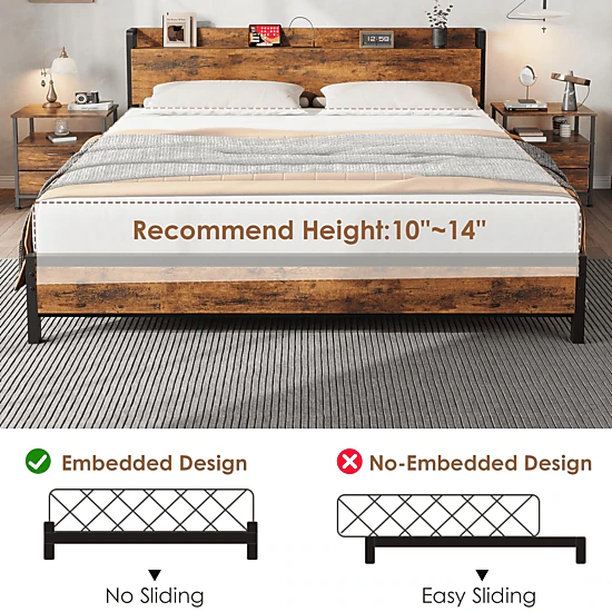 BebreezChic King Bed Frame, Storage Headboard, 2-Tier Shelf, USB Charging Station, Heavy-Duty Industrial, Rustic Brown