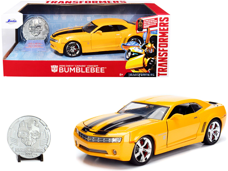 Jada 2006 Chevrolet Camaro Concept Yellow Bumblebee With Robot On Chassis And Collectible Metal Coin