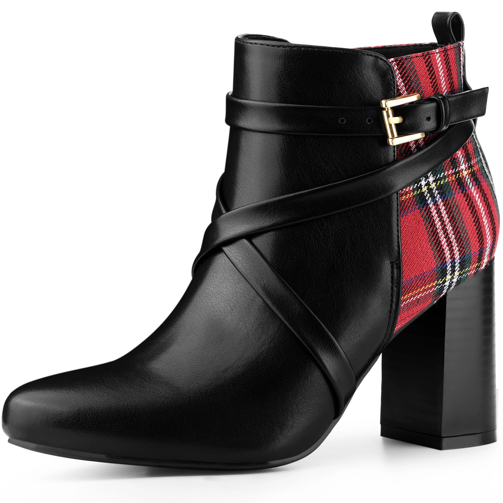 BLISSFUL STEP Women Plaid Pointy Toe Chunky Heels Ankle Booties Slip On
