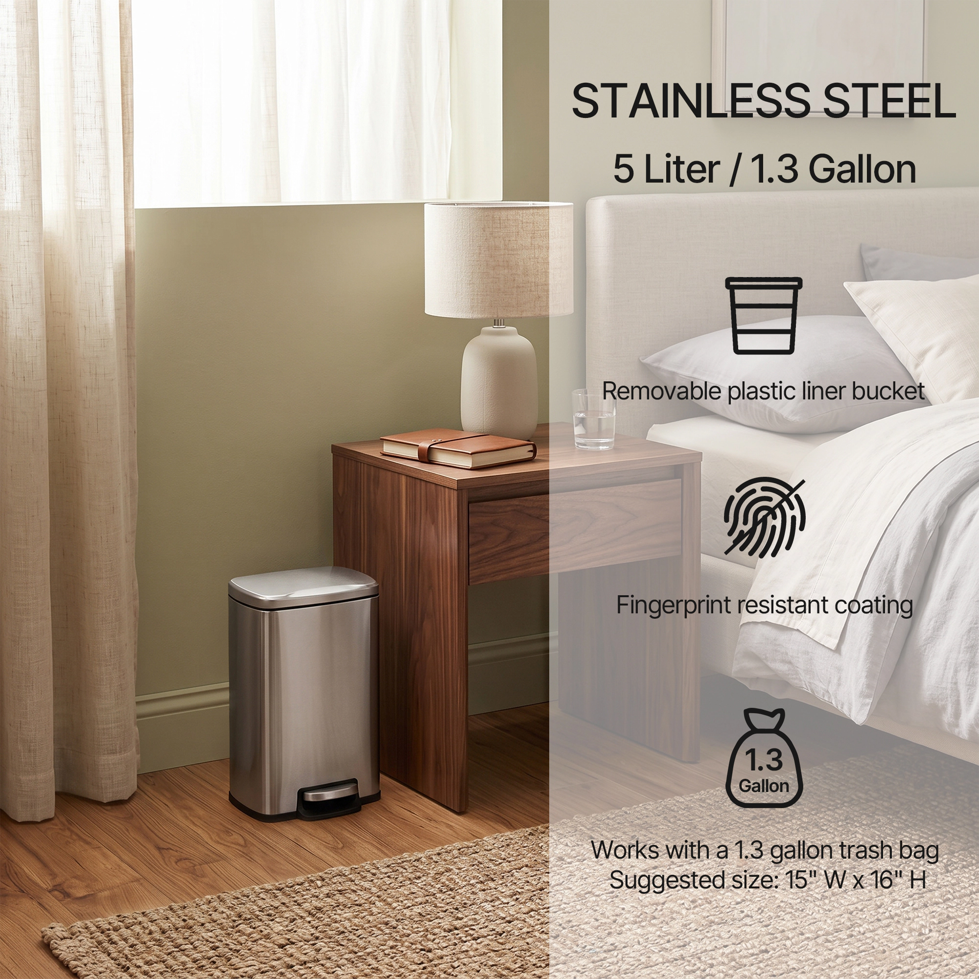 Innovaze 1.3 Gal./5 Liter Rectangular Stainless Steel Step-on Trash Can for Bathroom and Office