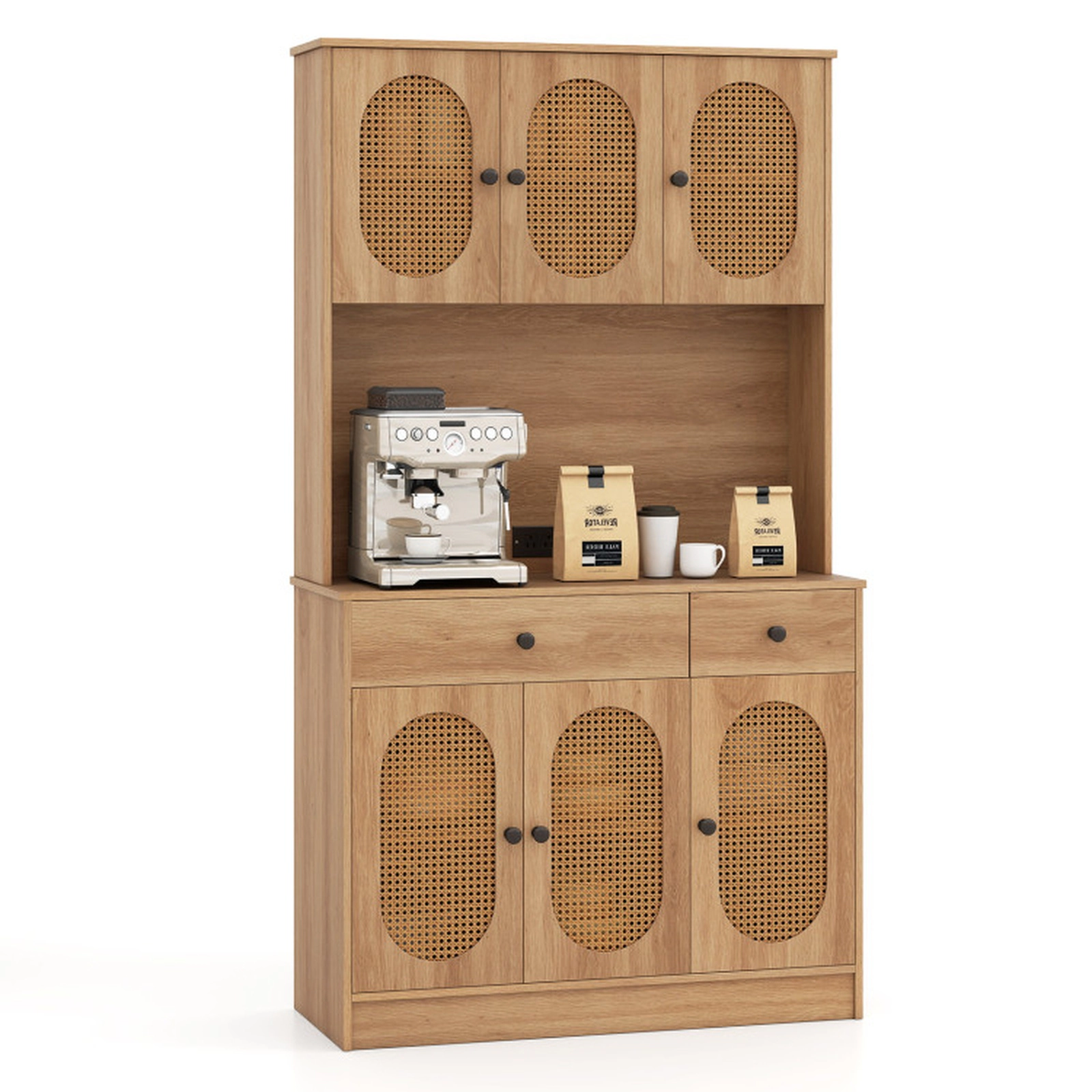 SUGIFT 71-in Rattan Doors Charging Station 2 Drawers Kitchen Pantry Cabinet 39.5-in x 16-in 231-lb Capacity Natural